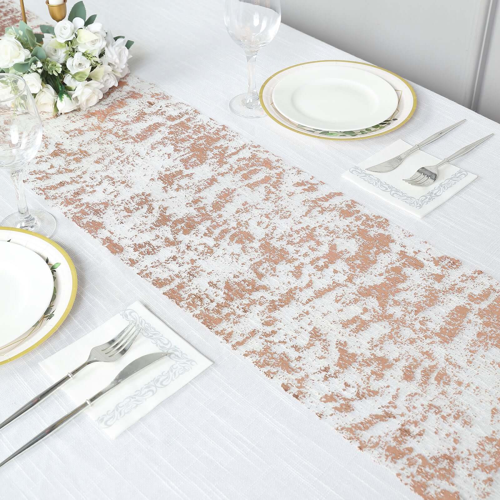 Mesh Polyester 108" Table Runner Roll Metallic Rose Gold - Distressed Foil Look Disposable Table Decor