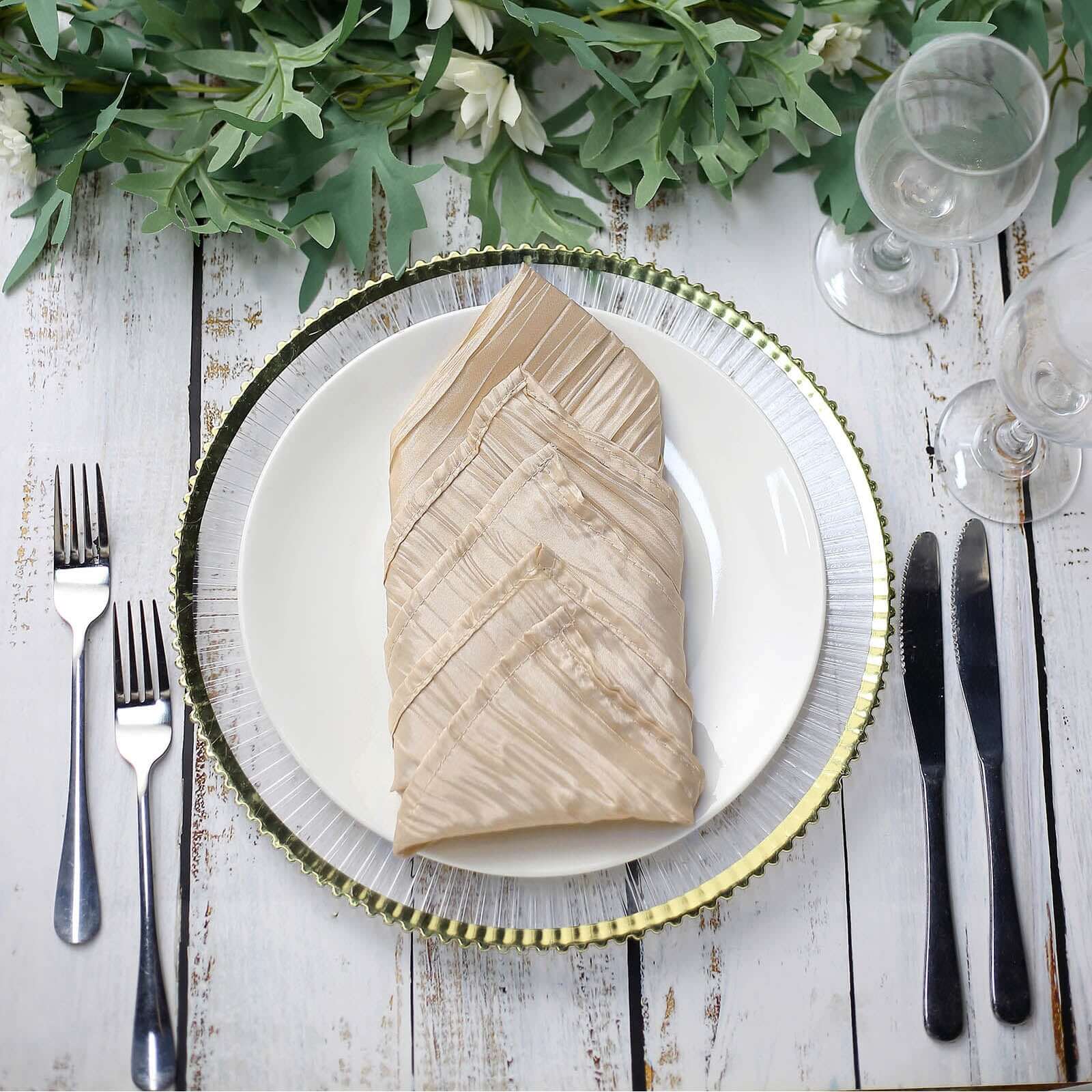 5 Pack Taffeta 20"x20" Napkins Beige - Accordion Crinkle Dinner Napkins