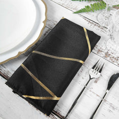 5 Pack Polyester 20"x20" Napkins Black with Gold Geometric Foil Pattern - Modern Reusable Dinner Napkins