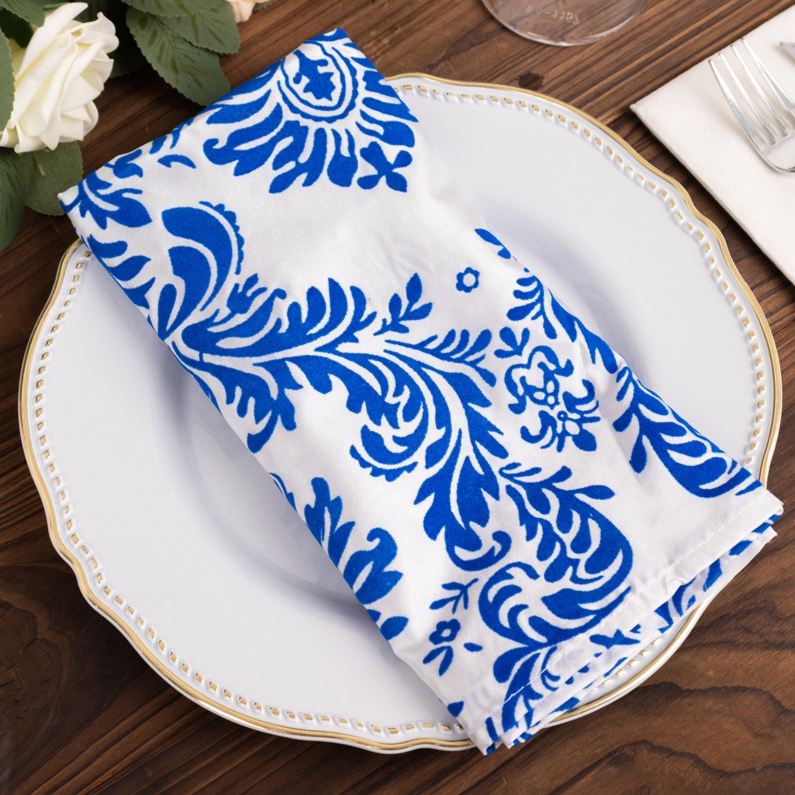 5 Pack Taffeta 20"x20" Napkins Royal Blue/White Damask Flocking Design - Decorative Dinner Napkins
