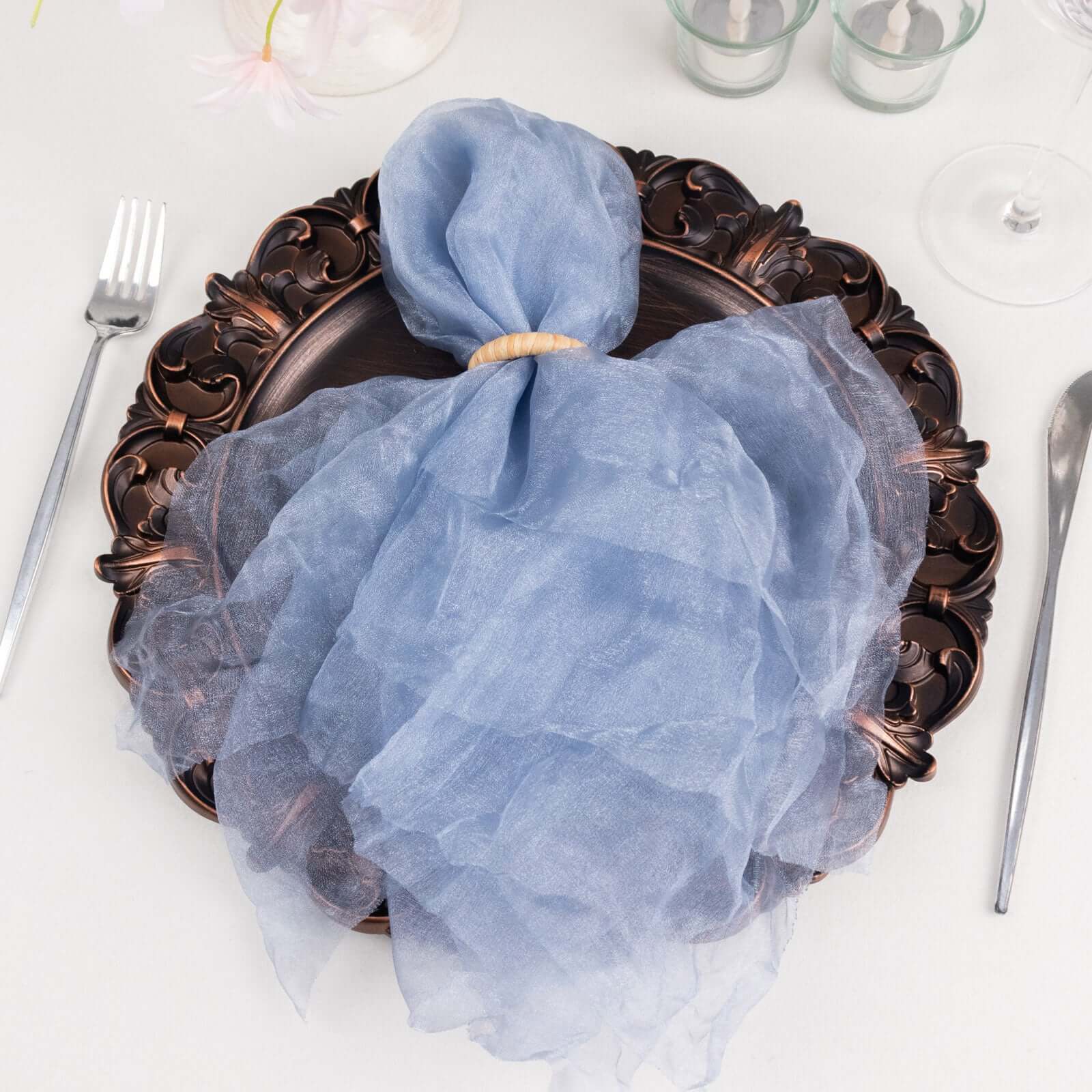 5 Pack Crinkled Organza 21"x21" Napkins Dusty Blue - Rustic Style Dinner & Party Napkins
