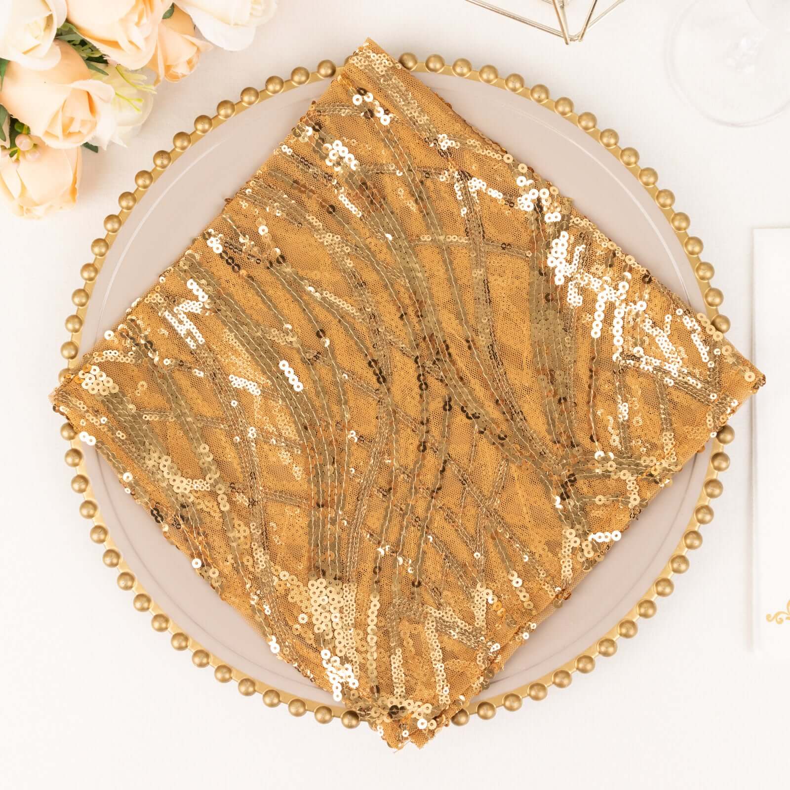 Sequin Mesh 20"x20" Napkin Gold - Wave Embroidered Reusable Cloth Napkin for Glitzy Table Settings
