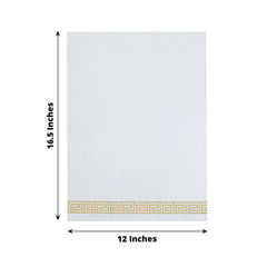 25 Pack Linen-Like Paper 8"x4" Napkins White with Gold Greek Key Design - Soft & Absorbent Airlaid Hand Towels for Exquisite Weddings & Events