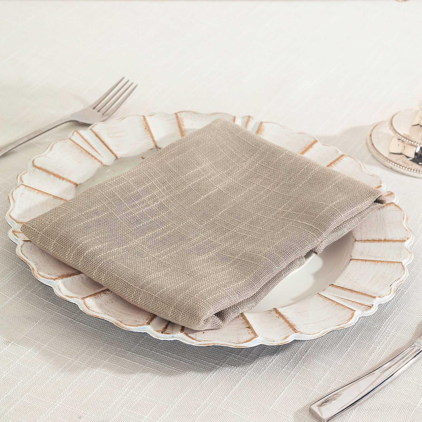 5 Pack Faux Linen 20"x20" Napkins Taupe - Slubby Textured & Wrinkle Resistant Cloth Napkins