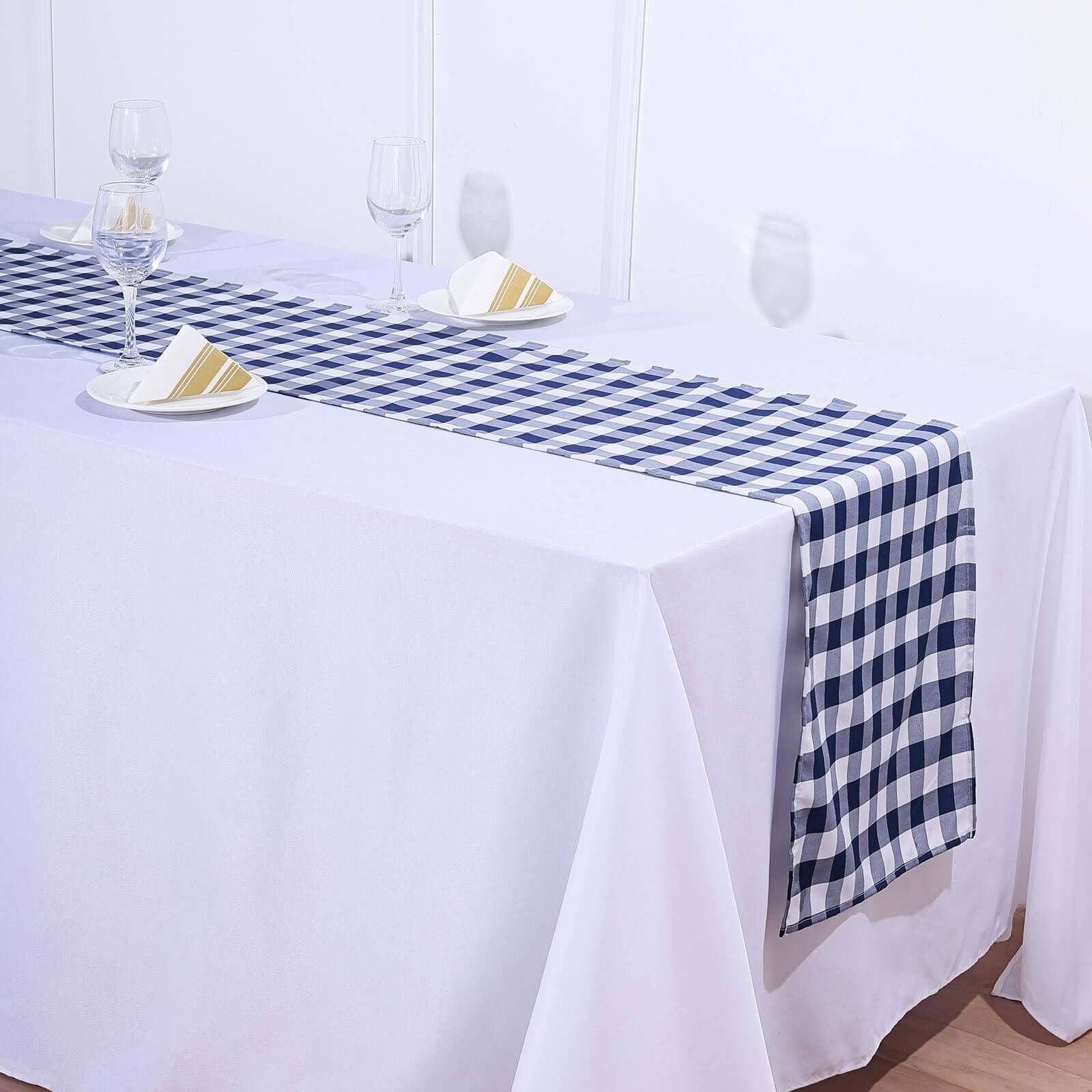 Polyester 14"x108" Table Runner Navy Blue/White - Gingham Plaid Design