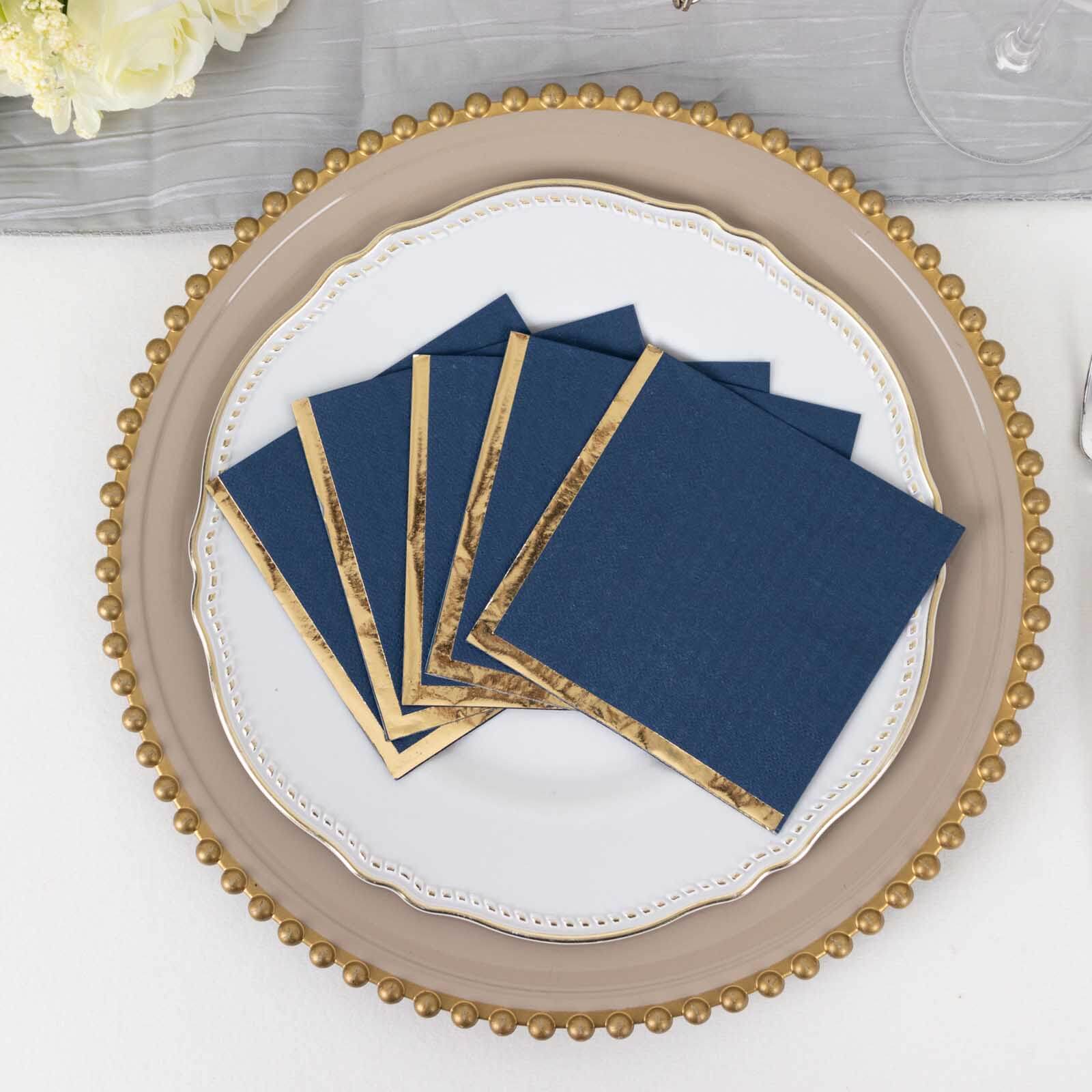 50-Pack Paper Beverage Napkins Navy Blue with Gold Foil Edge - 2 Ply Disposable Soft 18GSM Cocktail Napkins 5"x5"