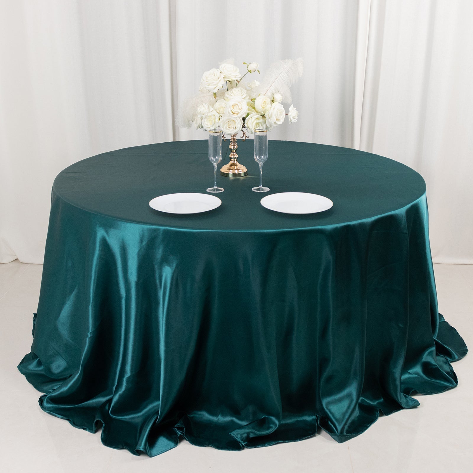 Satin 132" Round Tablecloth Peacock Teal - Stylish Seamless Table Cover