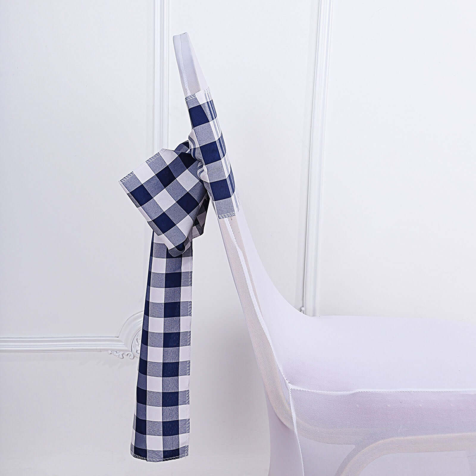 5 Pack Polyester Chair Sashes Navy Blue/White Buffalo Plaid - Durable & Reusable Chair Bows 6"x108"