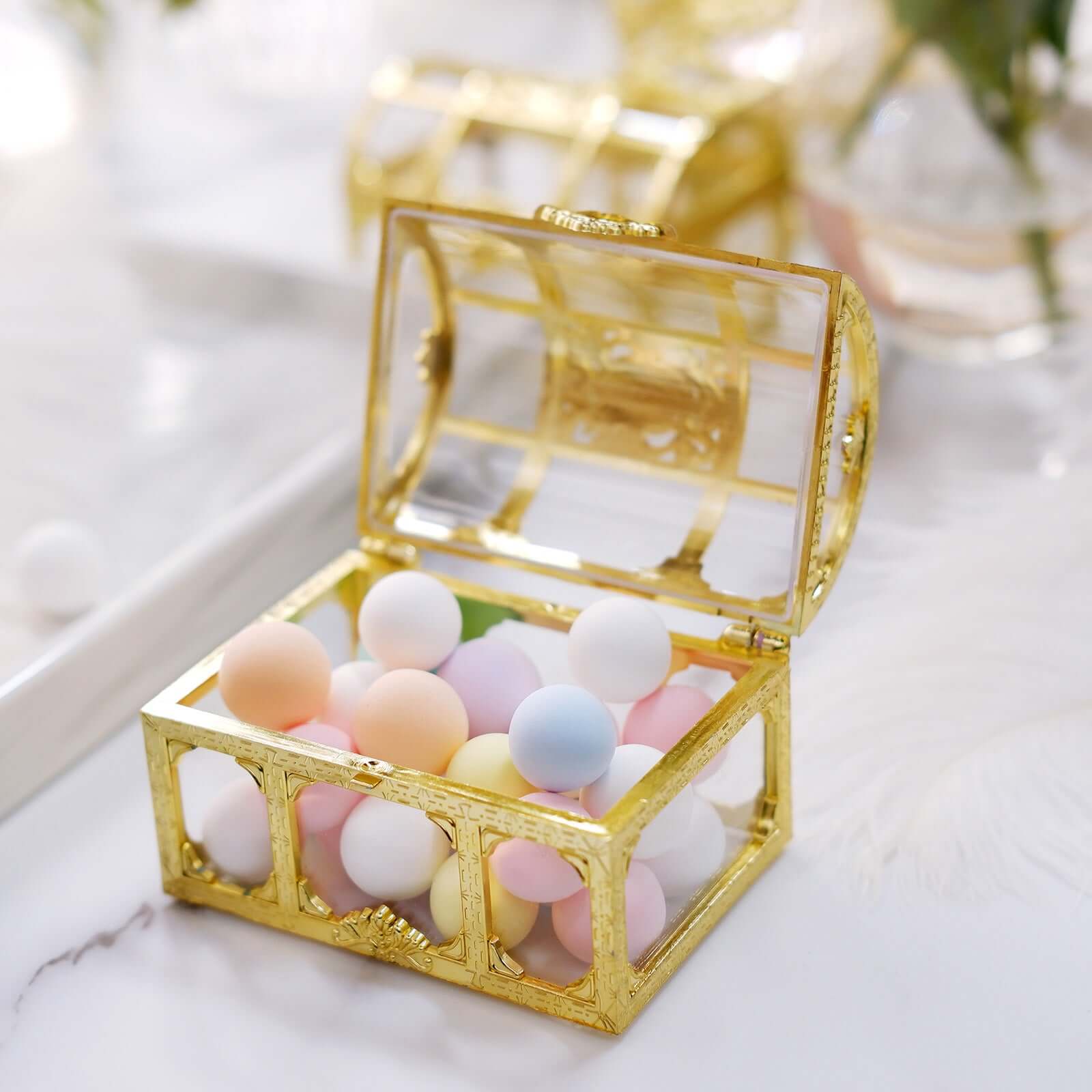 12-Pack Vintage Jewelry Box Candy Containers Clear Gold - Stylish Treasure Chest Favor Boxes 3.5"