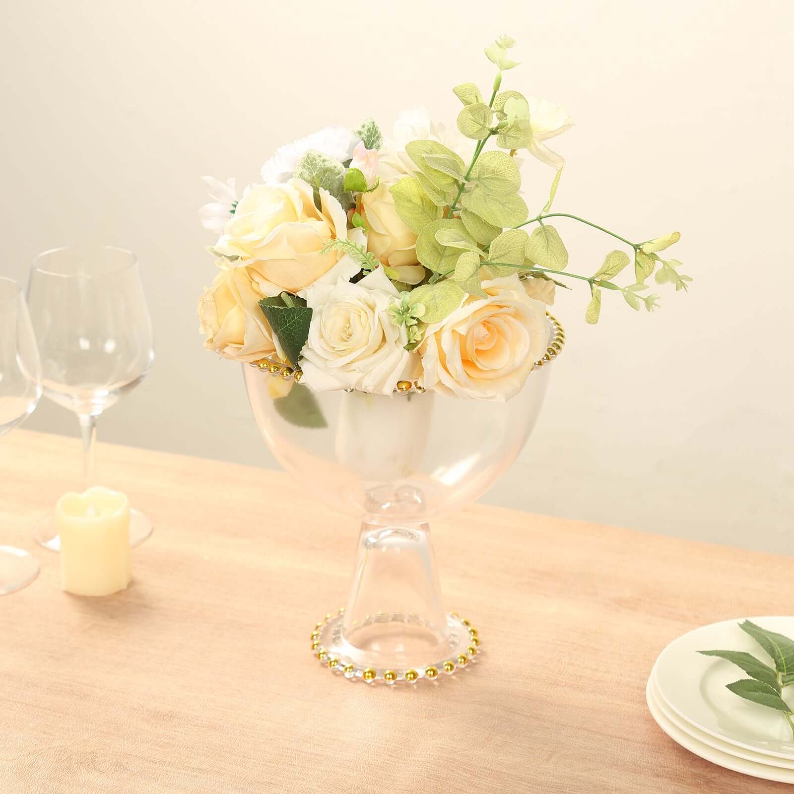 Compote Pedestal Bowl Glass Flower Vase Clear with Gold Beaded Rim - Footed Candy Trifle Bowl for Displays 8"