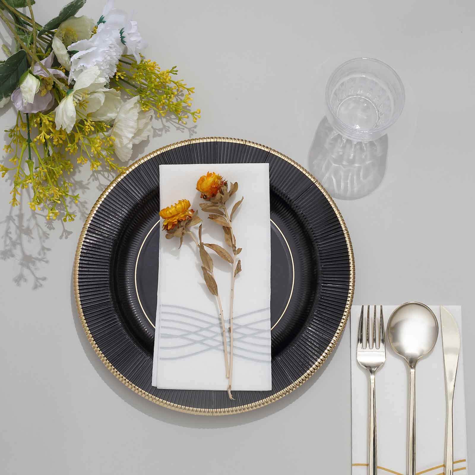 25-Pack Paper 10" Round Dinner Plates in Black Sunray Design with Gold Rim - Disposable Heavy Duty 350GSM Party Plates for Banquets & Celebrations