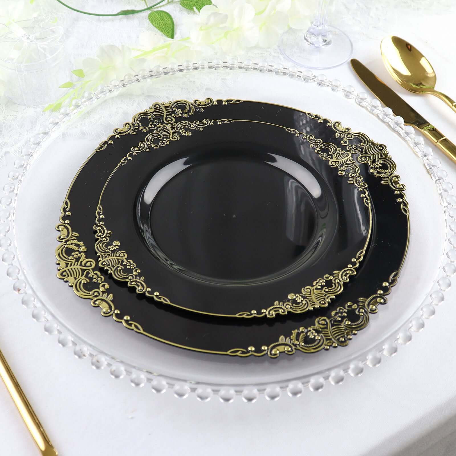 10-Pack Plastic 10" Round Dinner Plates in Black with Gold Leaf Embossed Rim - Disposable Vintage Baroque Style Plates for Luxurious Gatherings & Events