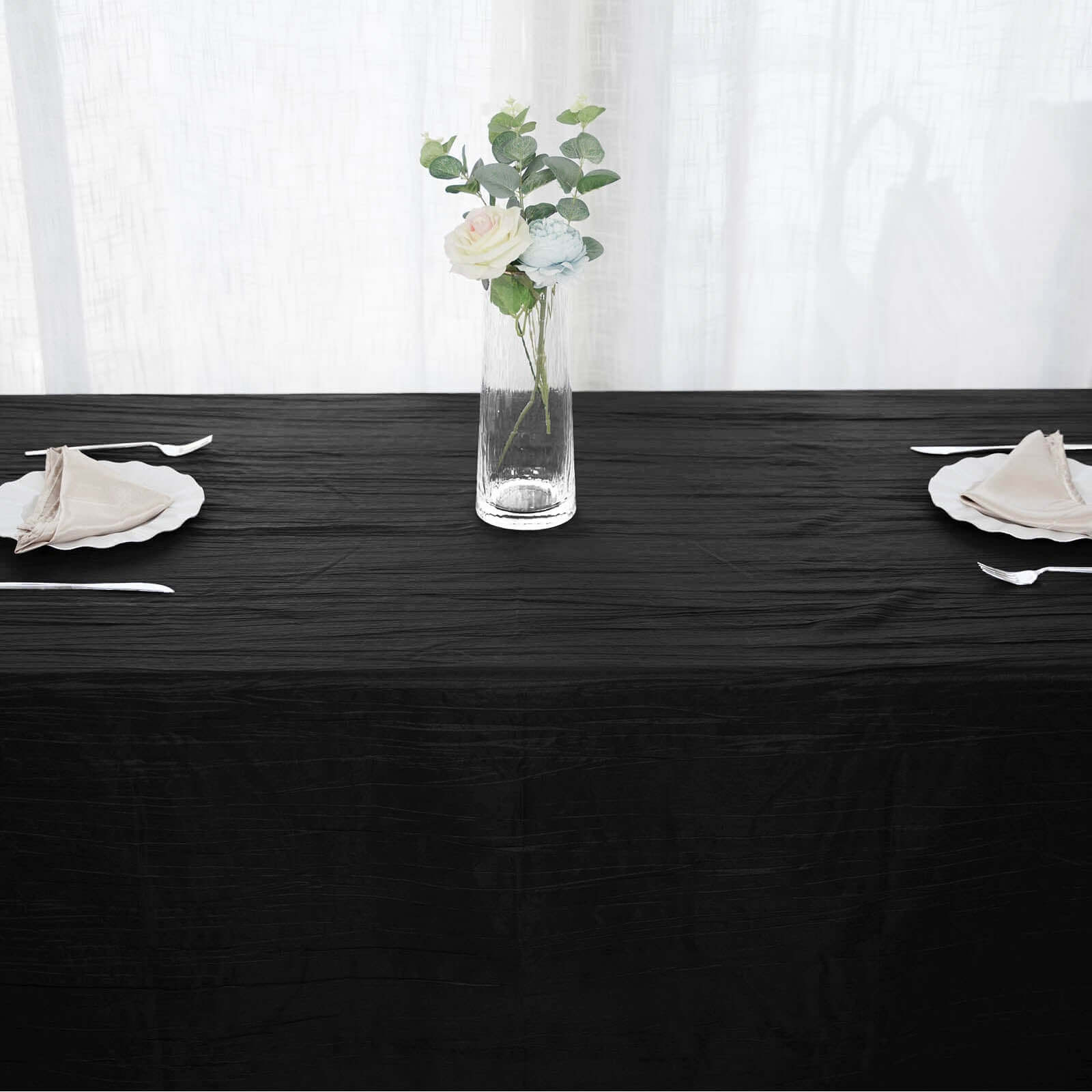 Taffeta 90"x156" Rectangle Tablecloth Black - Accordion Crinkle Seamless Table Cover