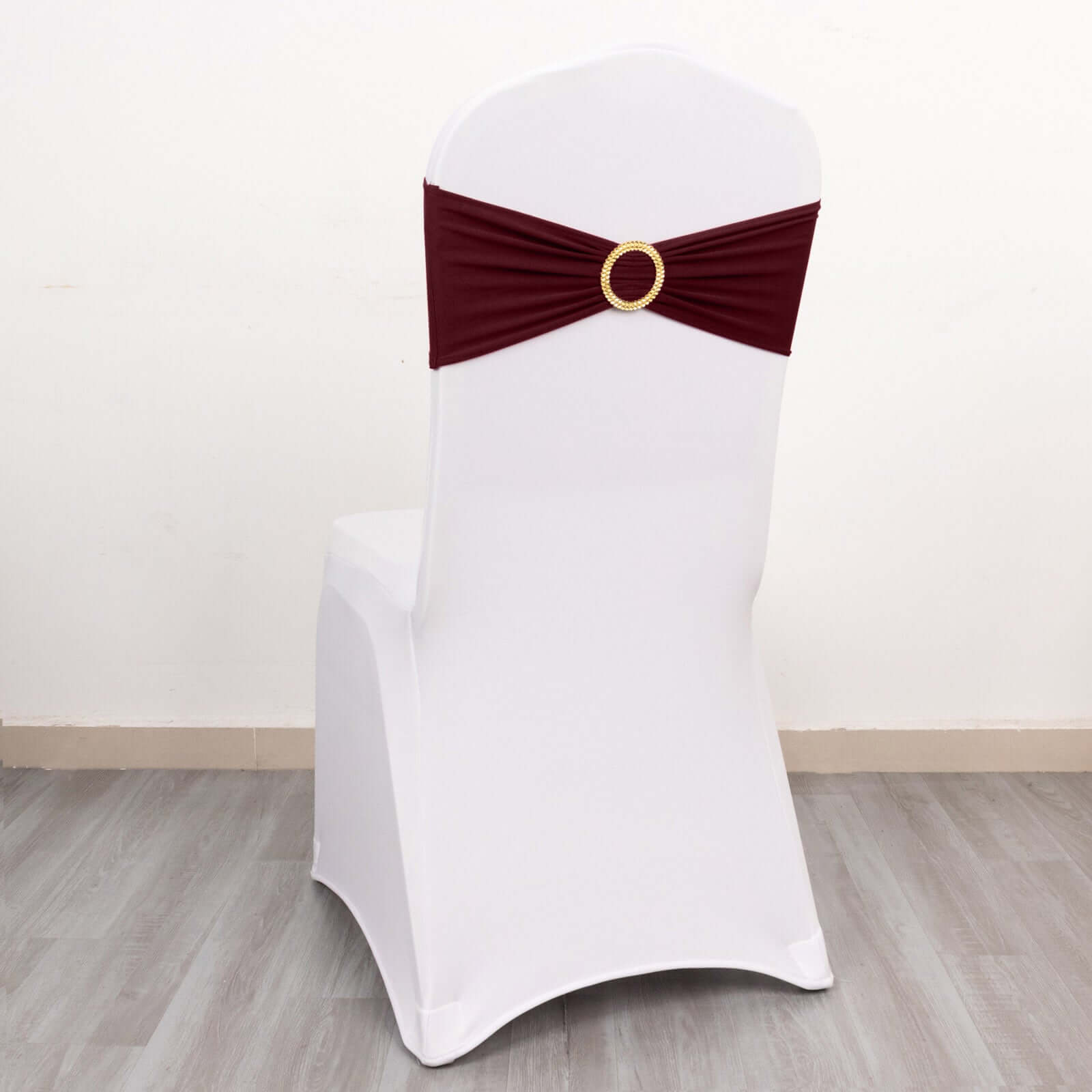 5 Pack Spandex Chair Sashes Burgundy with Gold Rhinestone Buckles - Reusable Four-Way Stretch Sash Bands 5"x14"