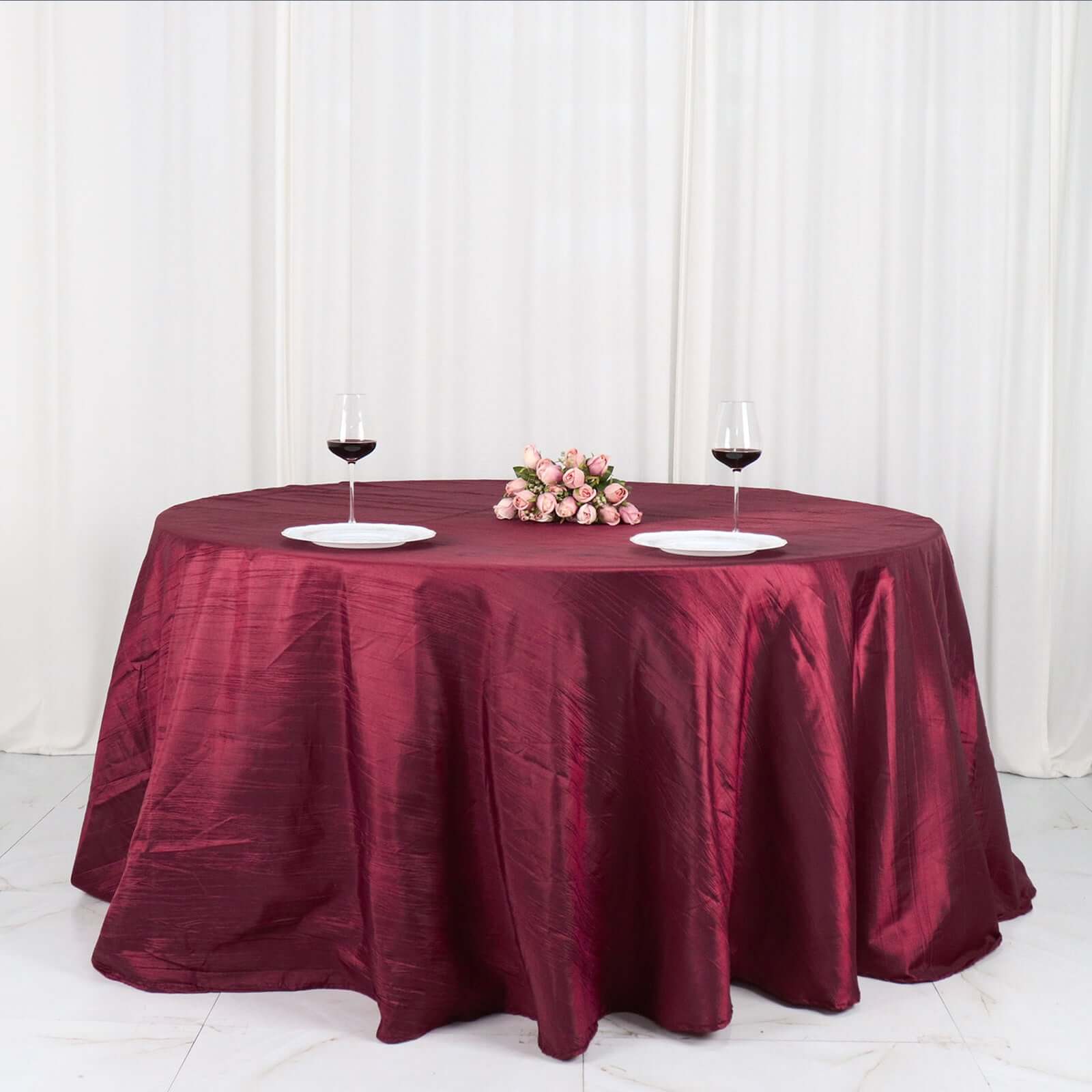 Taffeta 132" Round Tablecloth Burgundy - Seamless Accordion Crinkle Table Cover