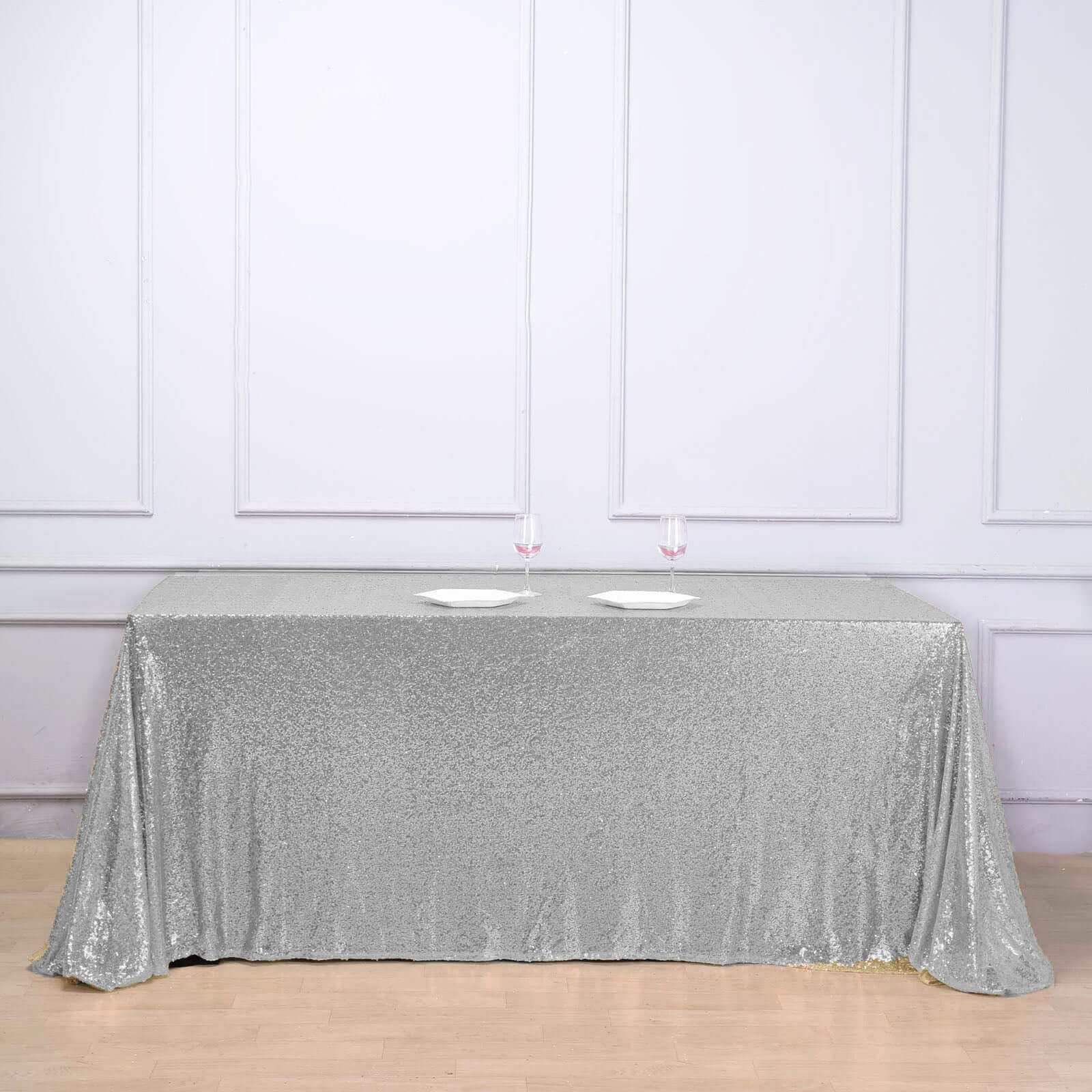 Sequin 90"x156" Rectangle Tablecloth Silver - Seamless Twinkling Table Cover