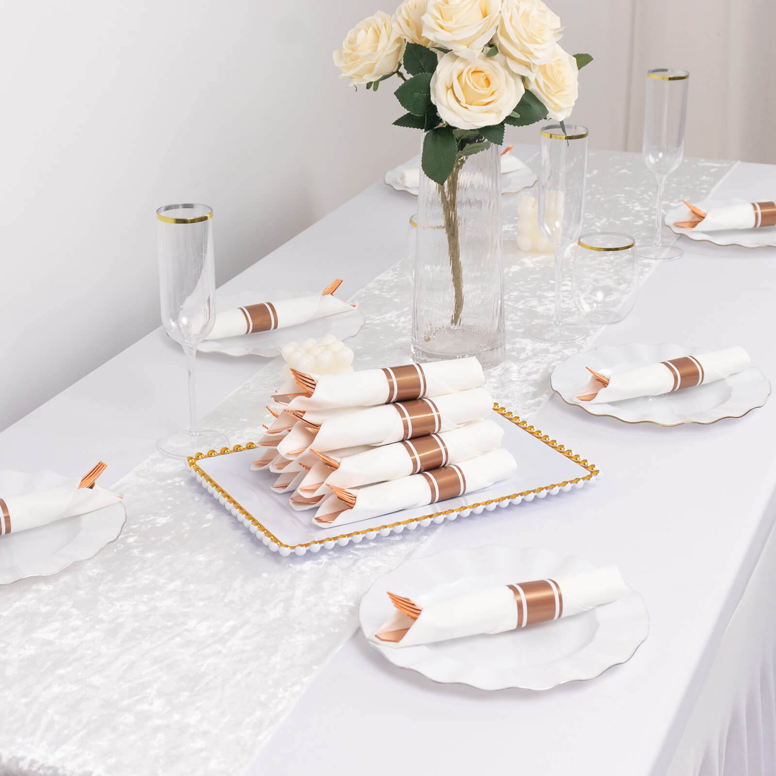 Set of 24 Rose Gold Plastic Silverware with Pre-Rolled White Paper Napkins - Disposable Wrapped Fork, Spoon, and Knife Set