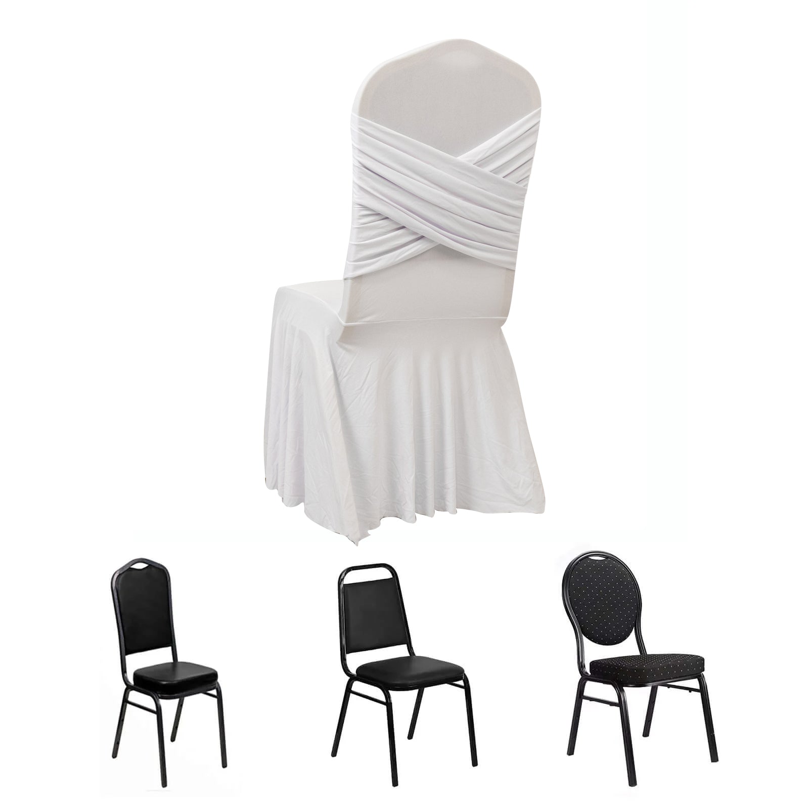 White Spandex Banquet Chair Cover with Ruffle Skirt & Cross Back Sash – Stretch Slipcover for Events