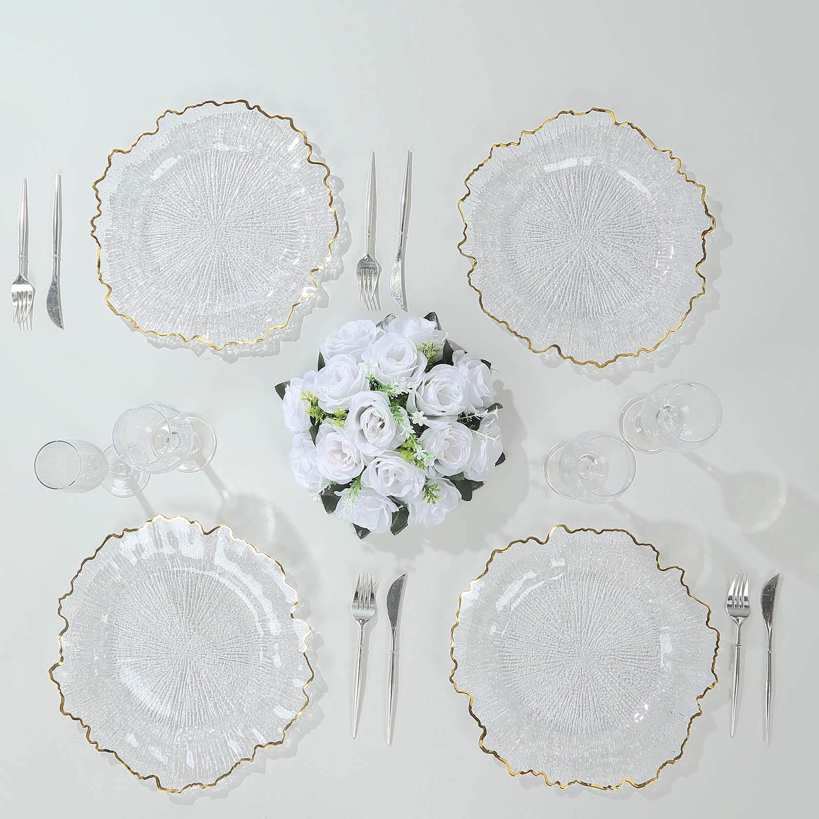 6-Pack Plastic Round Charger Plates 13" in Clear Reef Design with Gold Rim, Decorative Dinner Party Serving Plates