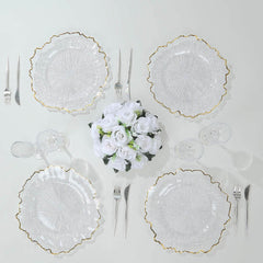 6-Pack Plastic Round Charger Plates 13" in Clear Reef Design with Gold Rim, Decorative Dinner Party Serving Plates