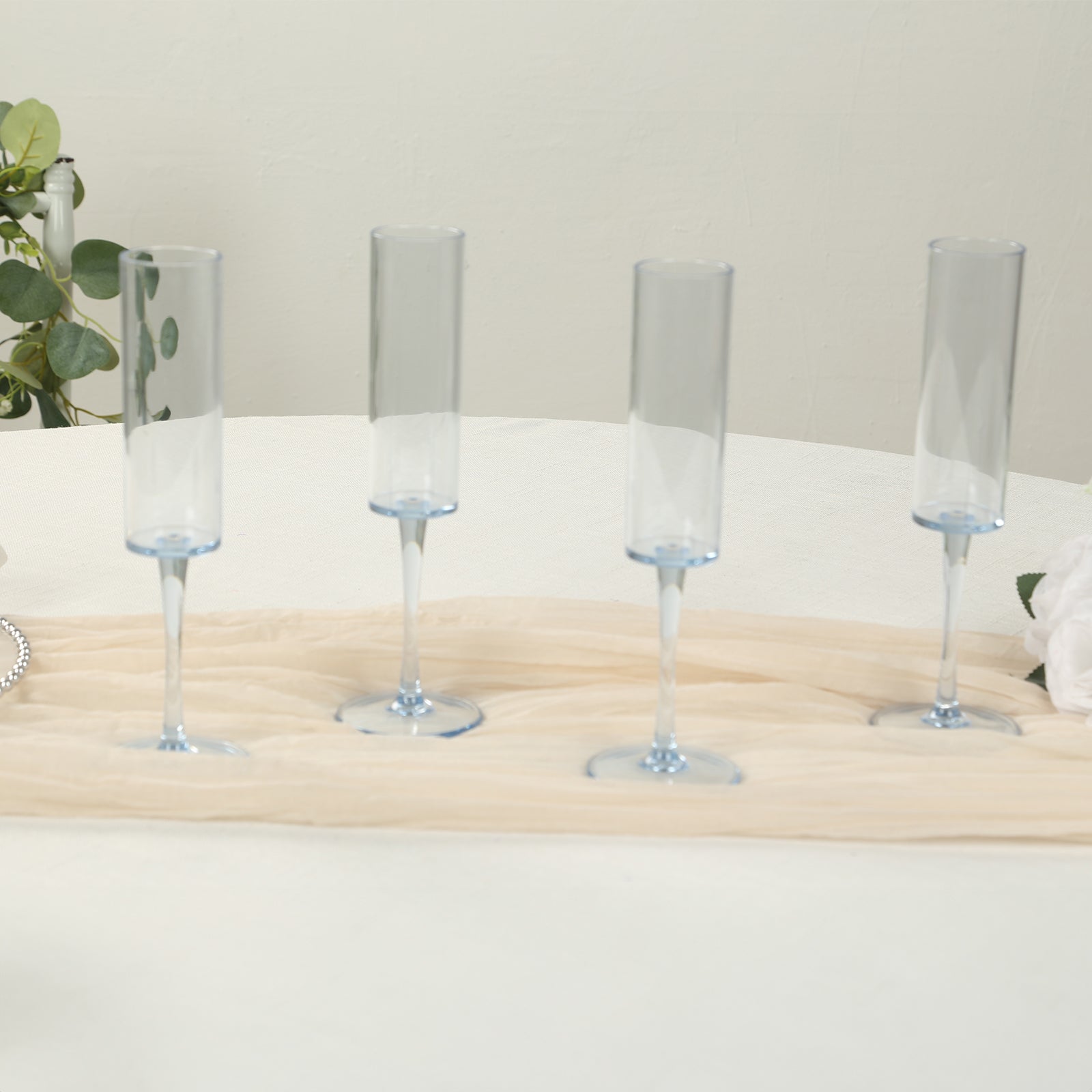 6-Pack Plastic Wine Mimosa Goblets Transparent Dusty Blue Cylindrical Shape - Reusable Champagne Flute Glasses 9.5" Tall 6oz