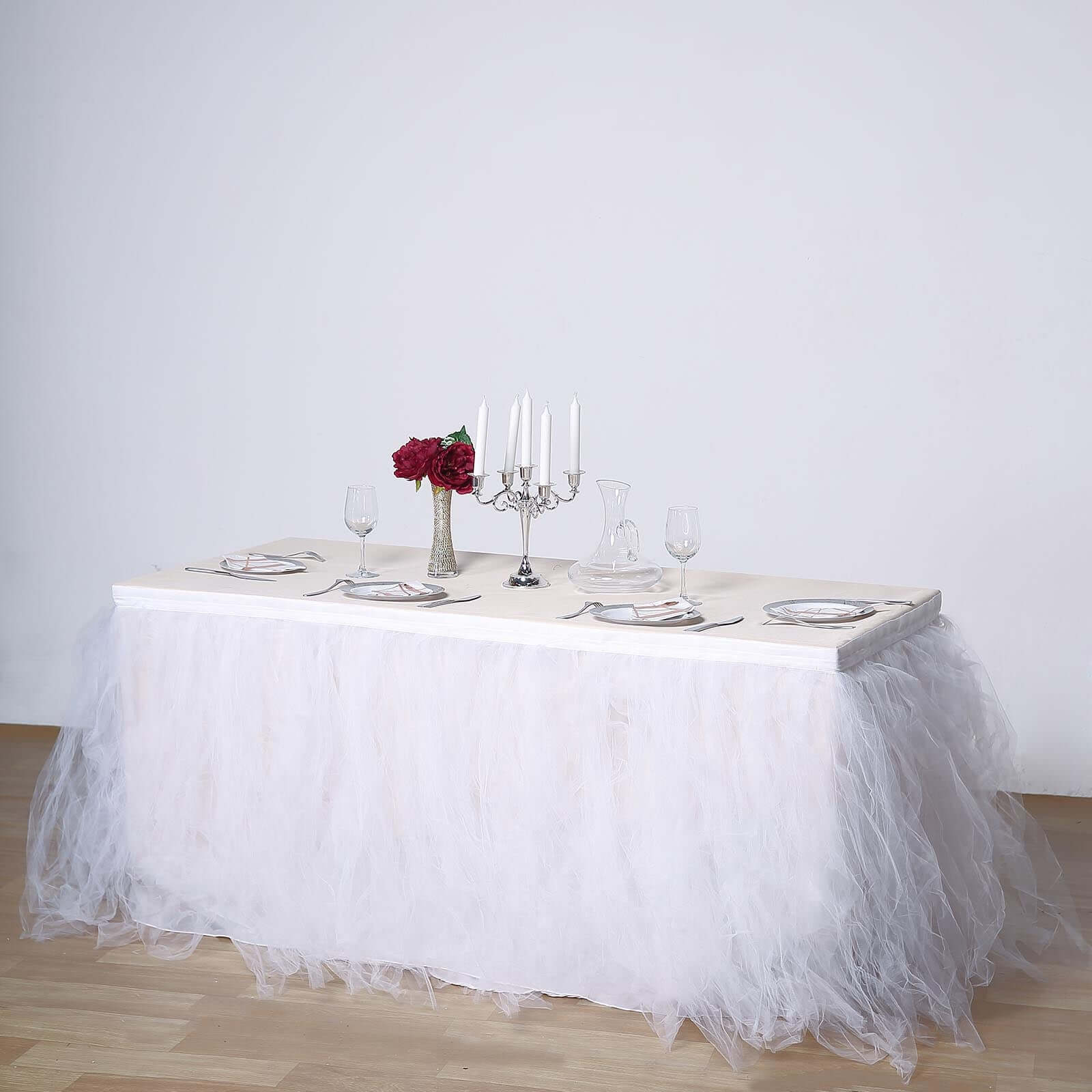 Tulle 14ft Table Skirt White - 4 Layer Pleated Tutu Chic & Soft Event Table Cover