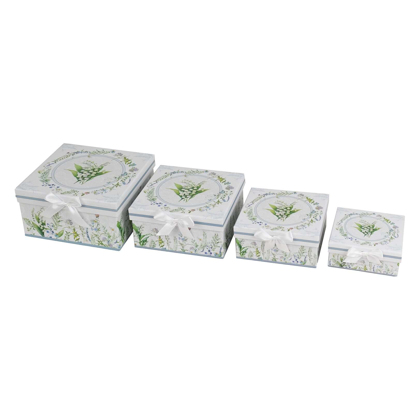 Set of 4 Cardstock Square Nesting Gift Boxes White Green Floral Design - Decorative Heavy Duty Stackable Keepsake Boxes With Lids for Presents Storage & Pedestal Stand 6",7",8",9"