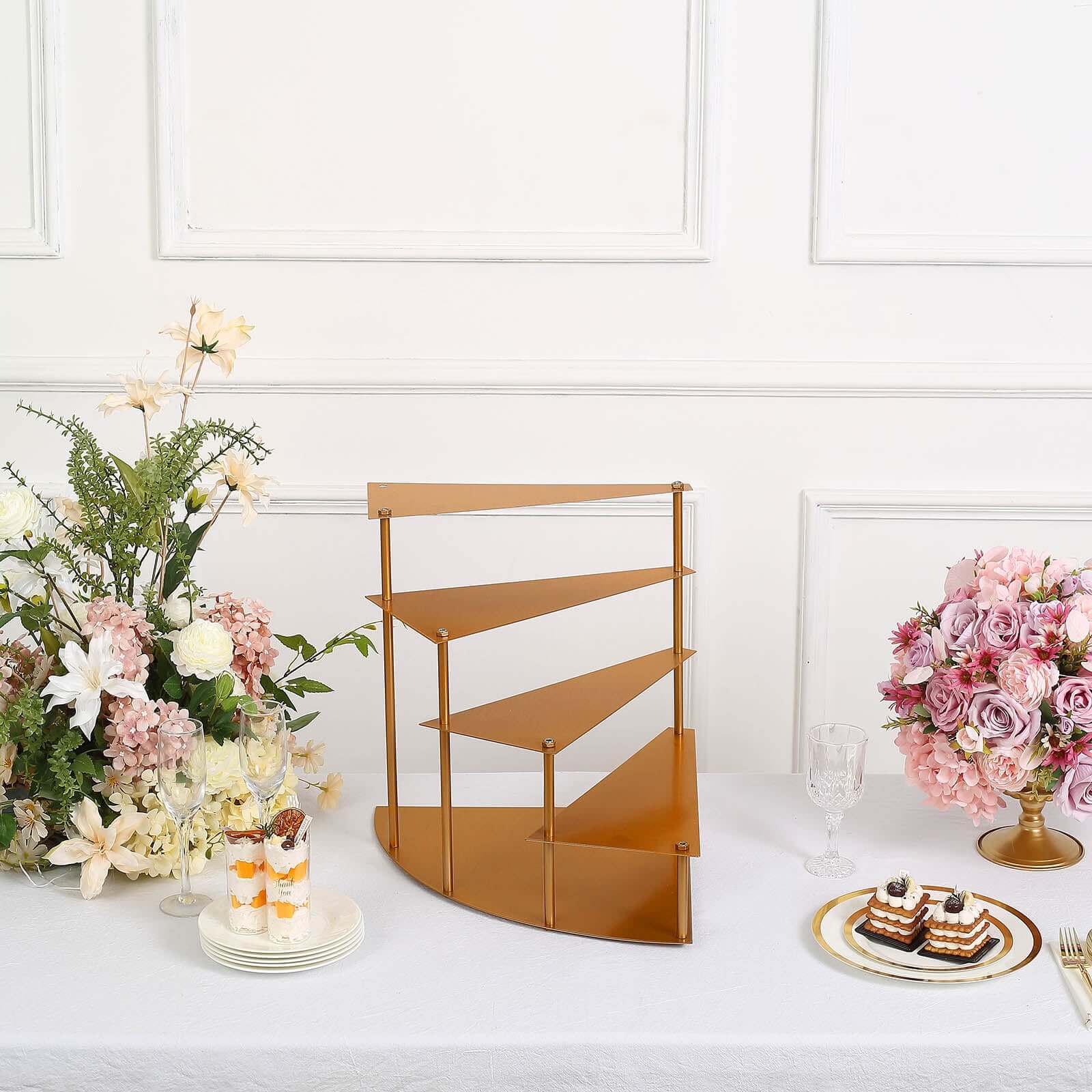 4-Tier Metal Spiral Stairway Cupcake Display Stand Gold - Dessert Cake Step Pedestal Tray 17"
