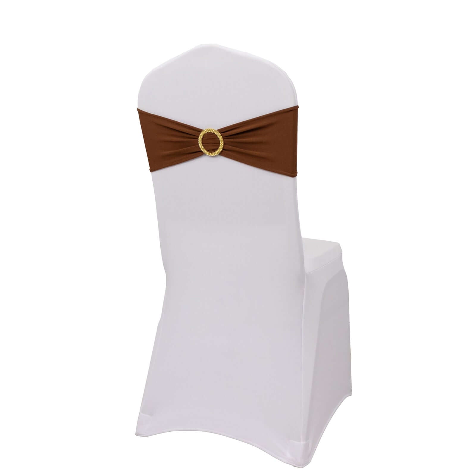 5 Pack Spandex Chair Sashes Cinnamon Brown with Gold Rhinestone Buckles - Reusable Four-Way Stretch Sash Bands 5"x14"
