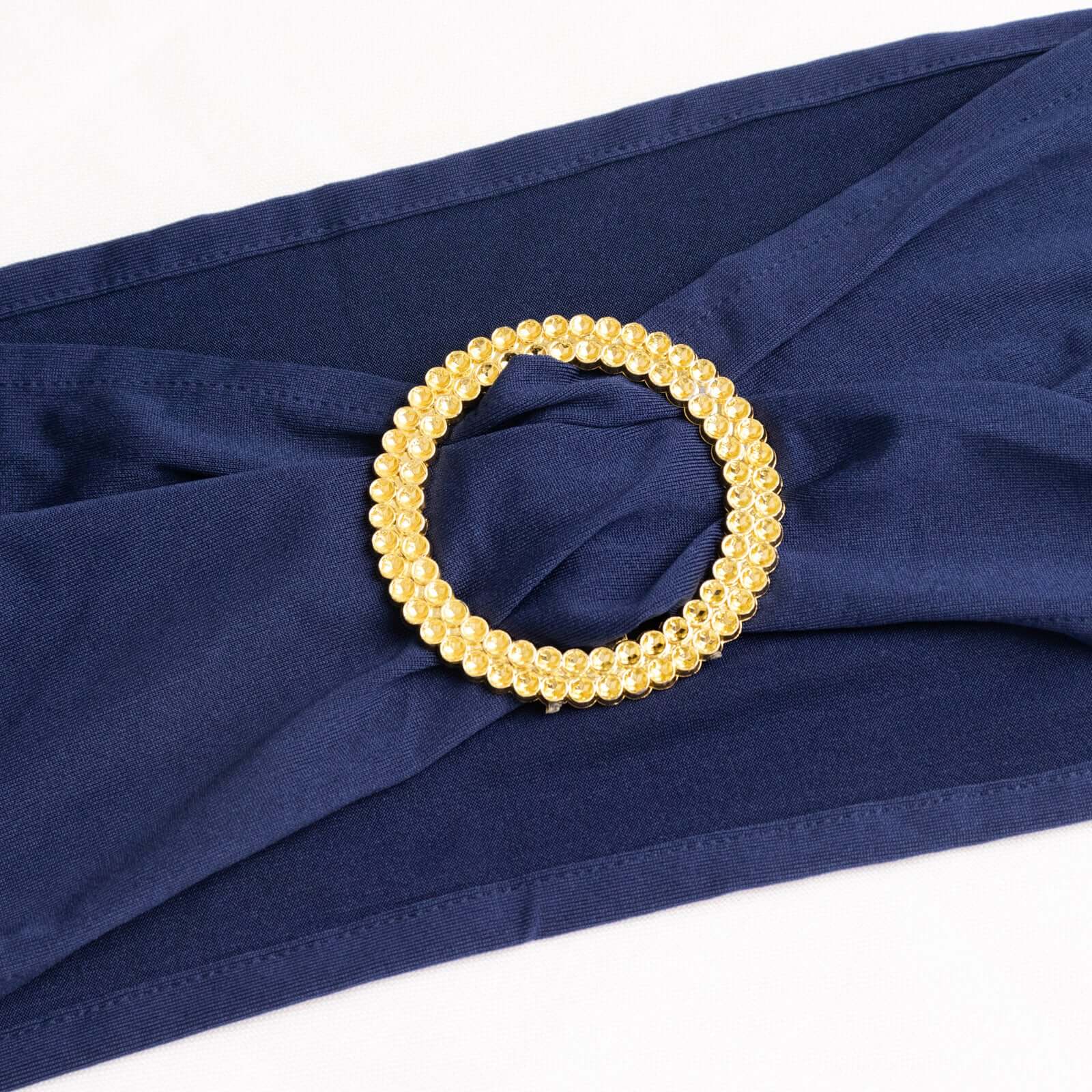 5 Pack Spandex Chair Sashes Navy Blue with Gold Rhinestone Buckles - Reusable Four-Way Stretch Sash Bands 5"x14"