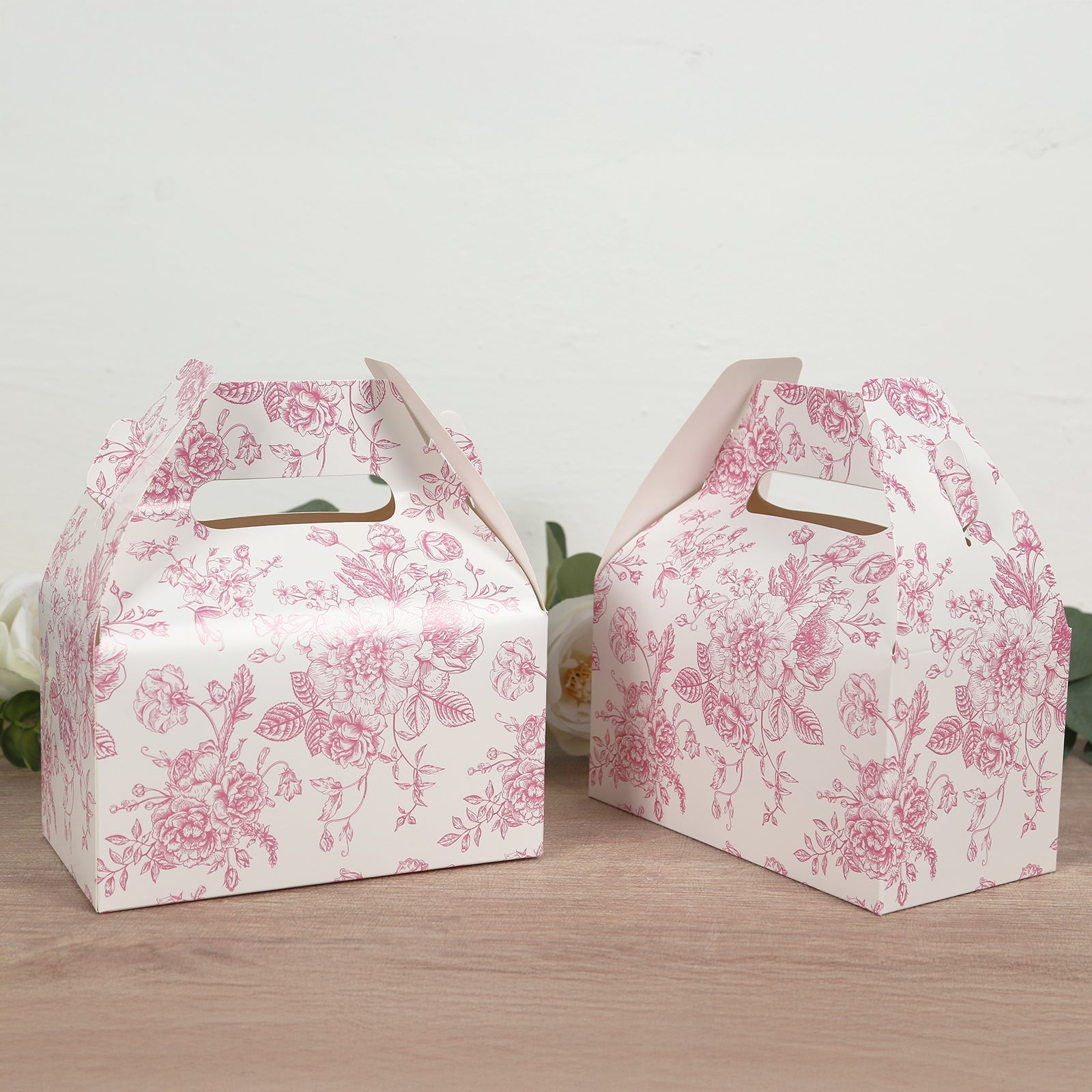 25 Pack Candy Treat Tote Boxes in French Toile Pattern - Matte Pink and White Party Favor Gable Boxes, Cardstock Paper - 6"x3.5"x7"