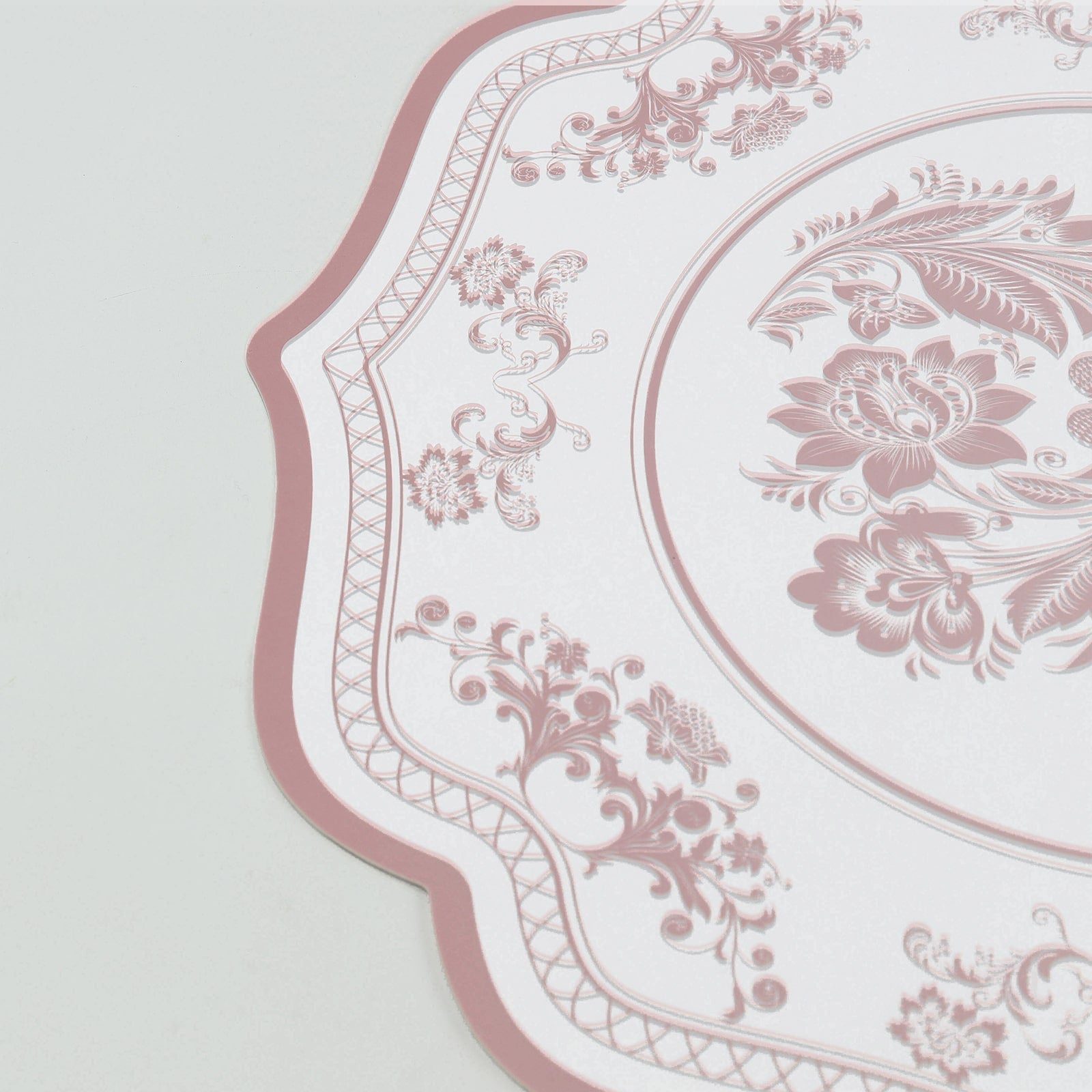 10-Pack Disposable Table Placemats 13" Round Placemats in White with Pink Damask Floral Pattern & Scalloped Rim - 400GSM Cardboard Placemats for Stylish Table Setting