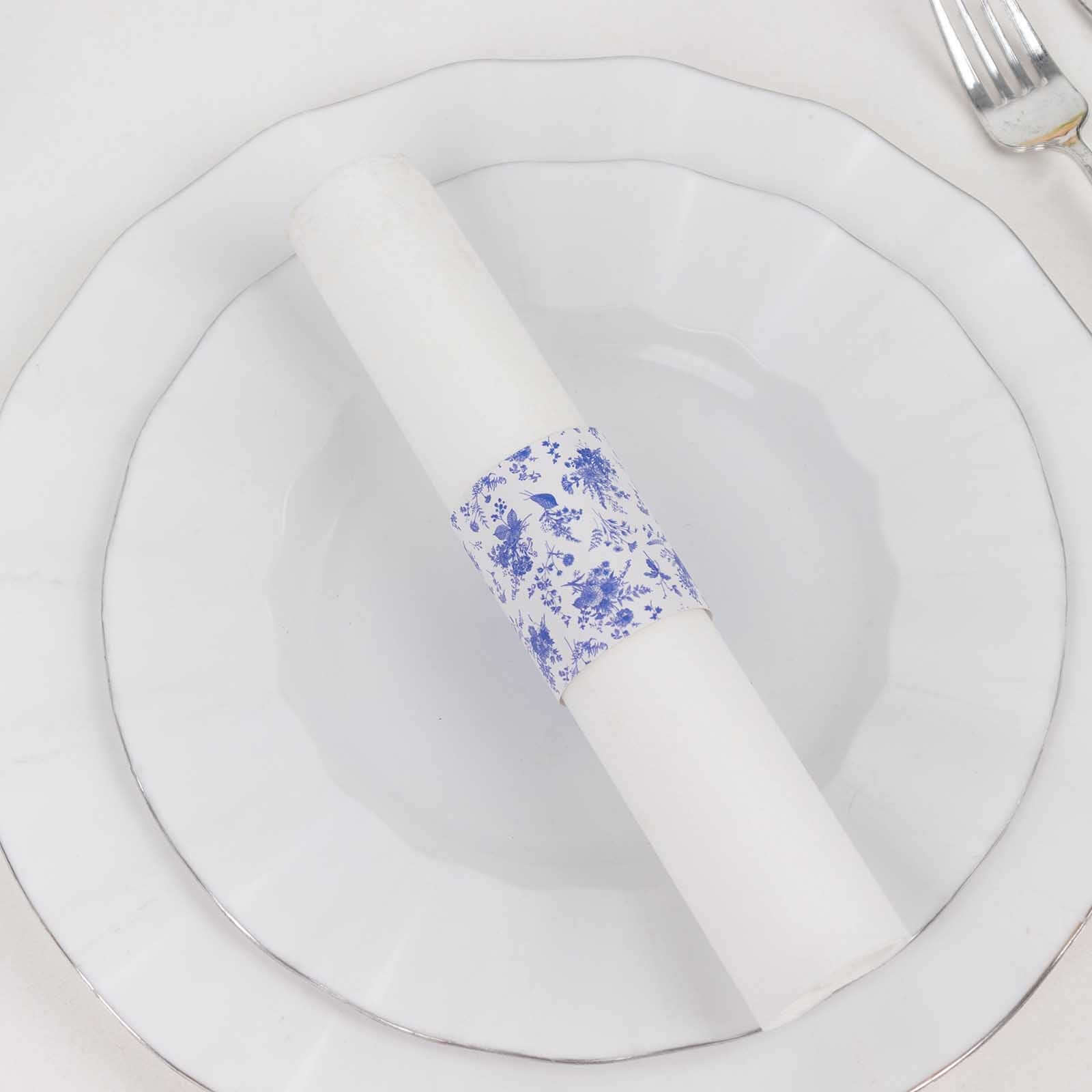 50 Pack White Blue Paper Napkin Holder Bands in French Toile Floral Pattern, Disposable Napkin Rings - 1.5"