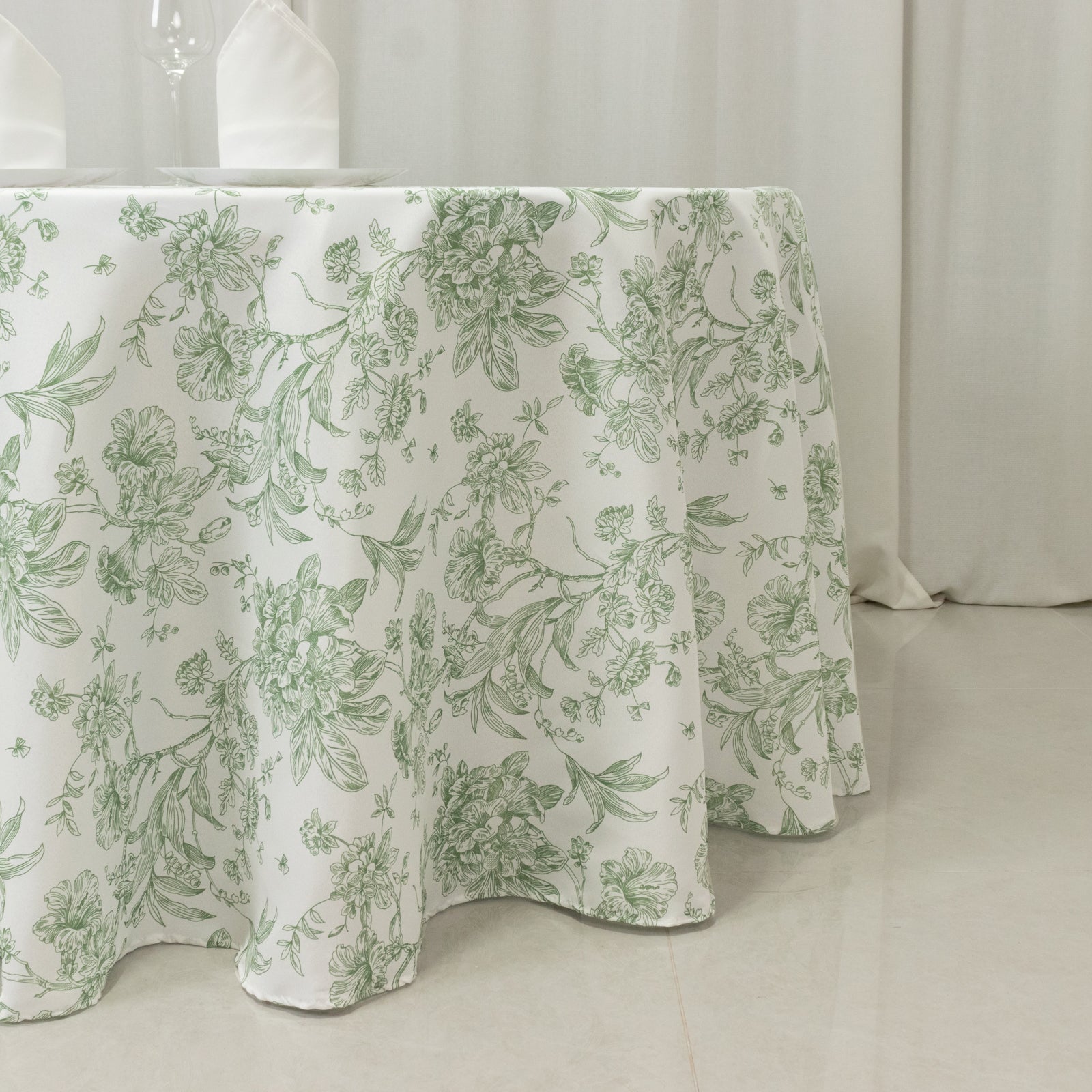 Polyester 120" Round Tablecloth White - Dusty Sage Green French Toile Pattern for Chic Weddings