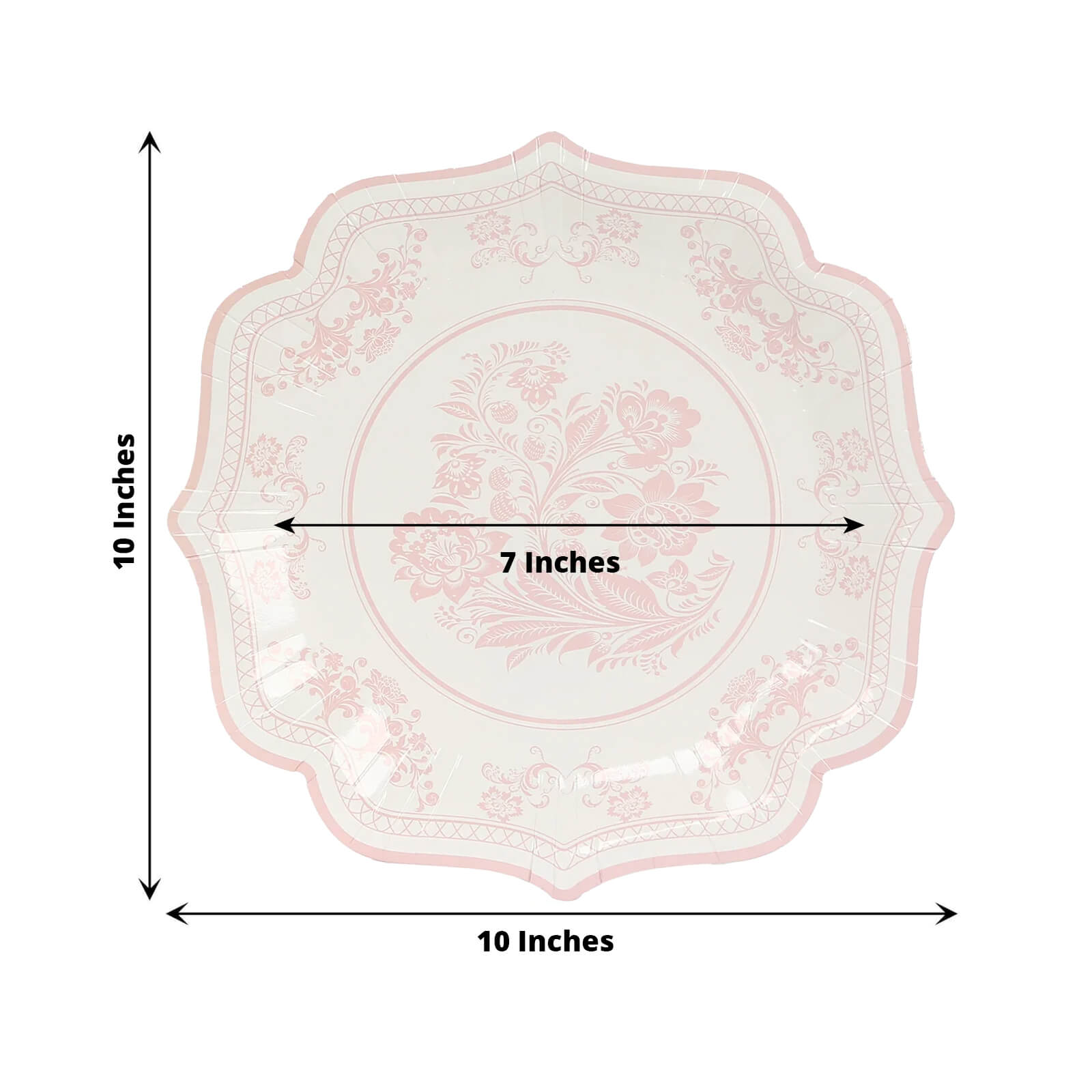 25-Pack Paper Dinner Plates in White Pink Damask Floral Pattern & Scallop Rim - Stylish Disposable 300GSM Floral Party Plates 10"