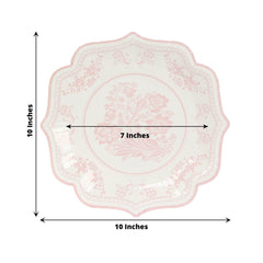 25-Pack Paper Dinner Plates in White Pink Damask Floral Pattern & Scallop Rim - Stylish Disposable 300GSM Floral Party Plates 10"
