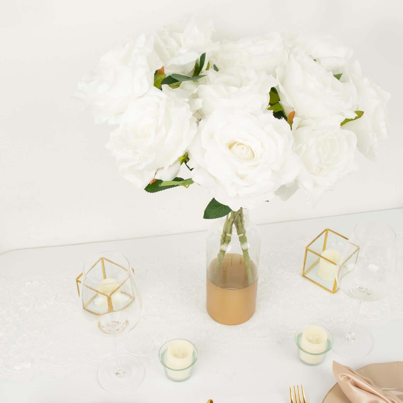 2 Bushes 17" White Premium Silk Jumbo Rose Flower Bouquet, High Quality Artificial Wedding Floral Arrangements