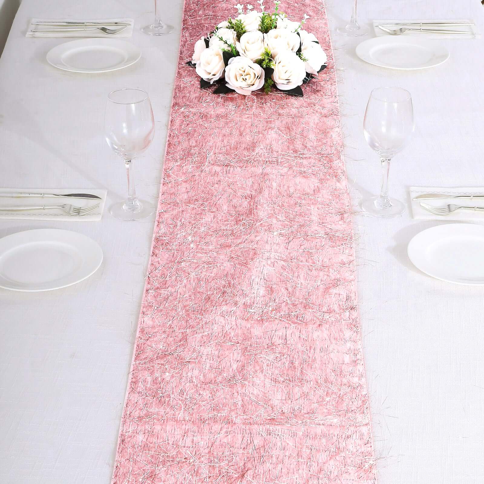 Metallic Tinsel Polyester 12"x108" Table Runner Rose Gold - Shimmery Fringe Shag Table Decor