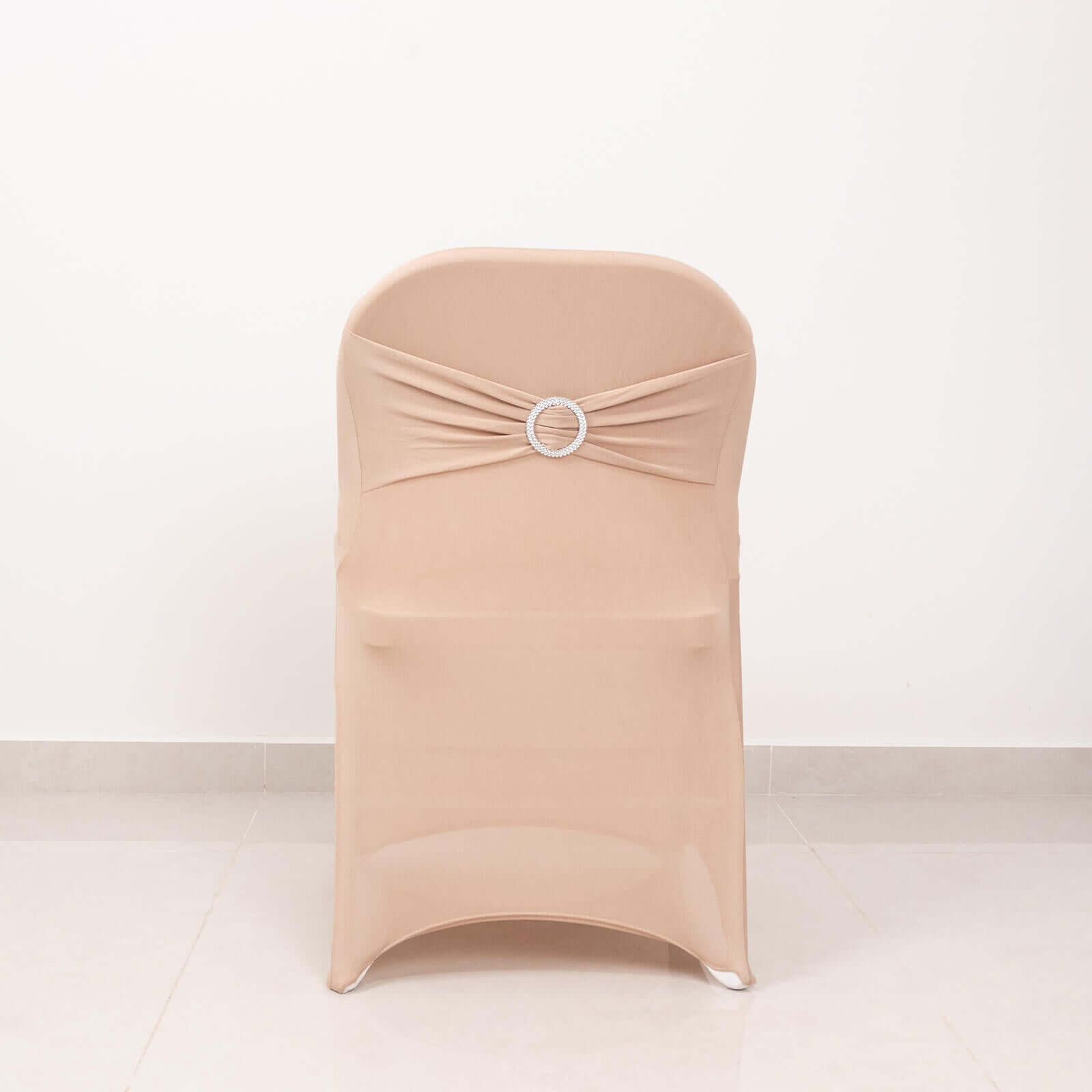 Stretch Spandex Chair Cover Nude for Folding Chairs - Secure Fit Slipcover with Silver Rhinestone Buckled Sash Band
