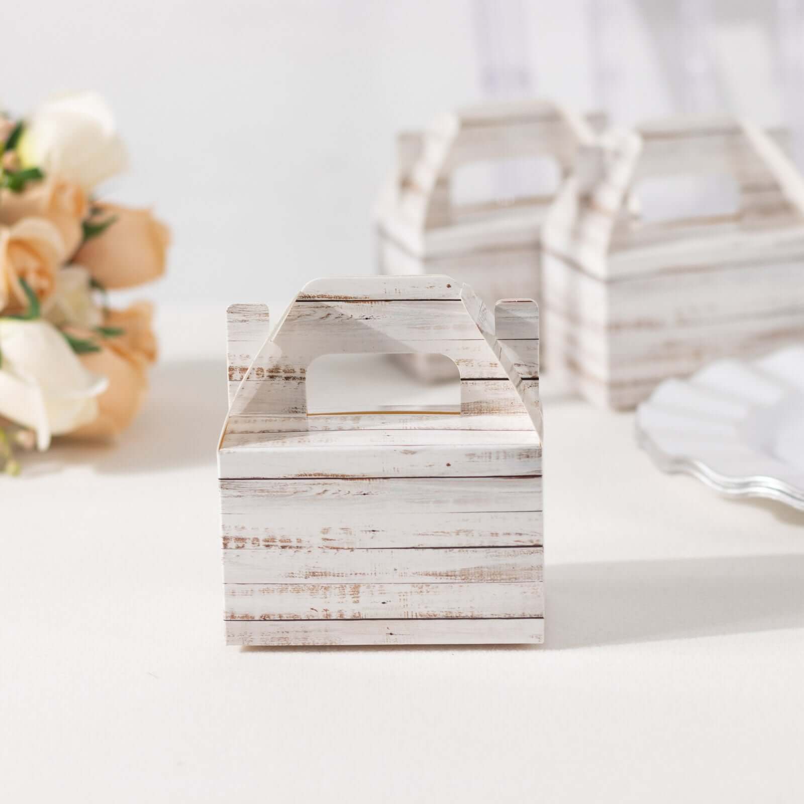 25 Pack Rustic White Candy Gift Tote Gable Boxes With Wood Plank Pattern, Party Favor Treat Boxes - 4"x2.5"x4.5"