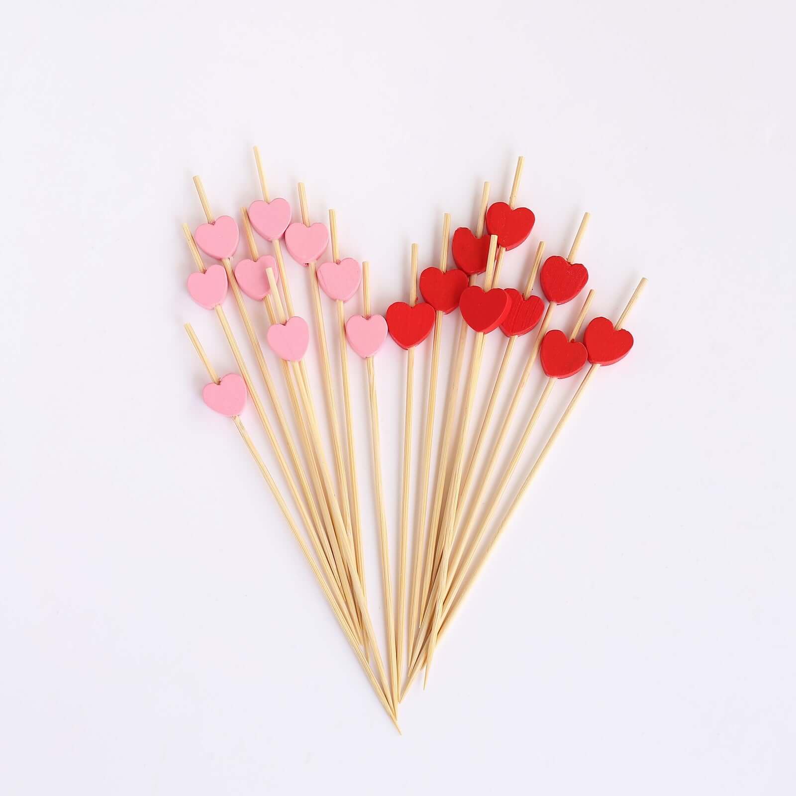 100-Pack Bamboo Cocktail Sticks Heart Design Eco Friendly Red/Pink - Biodegradable Fruit Appetizer Party Picks 5"
