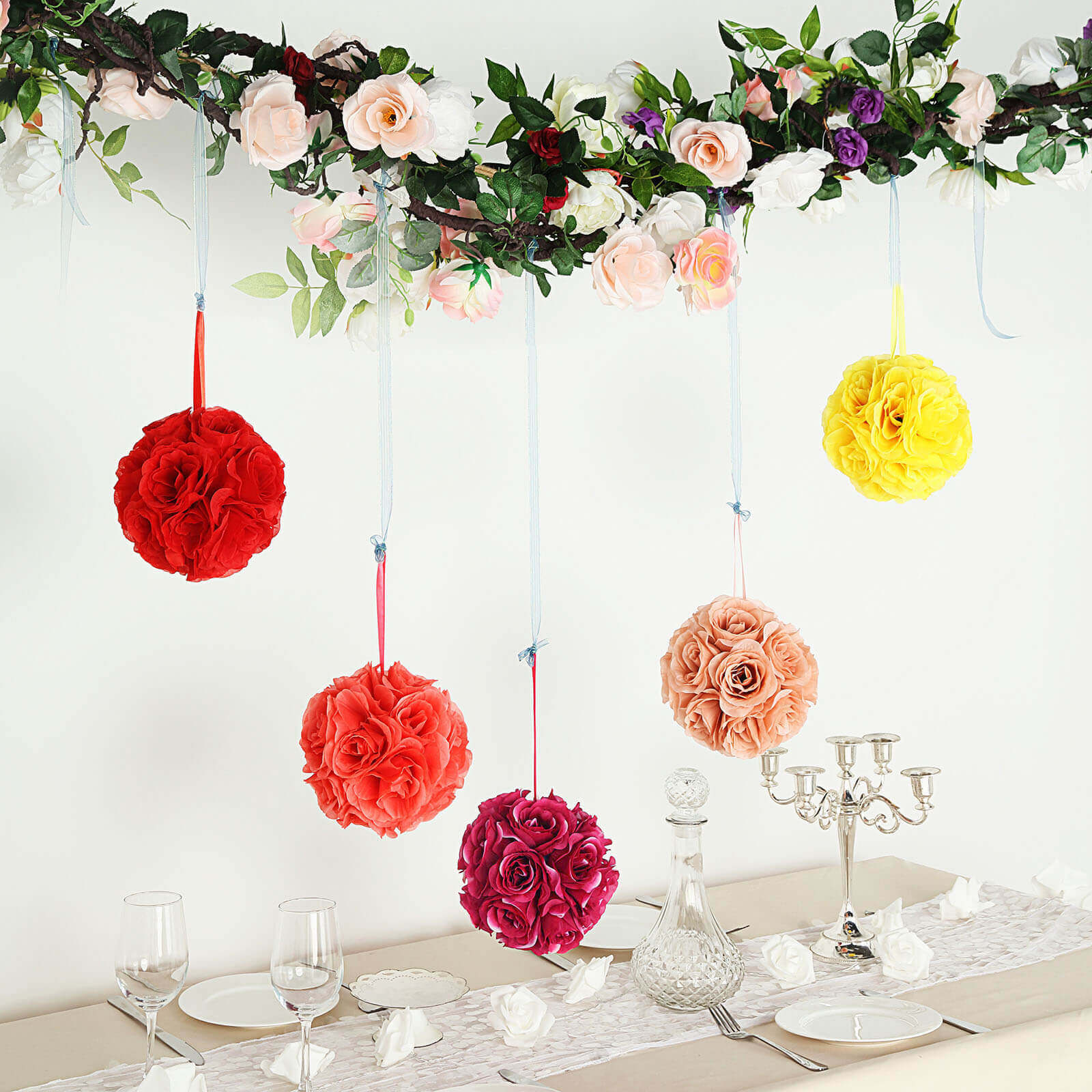 2 Pack 7" Fuchsia Artificial Silk Rose Kissing Ball, Flower Ball