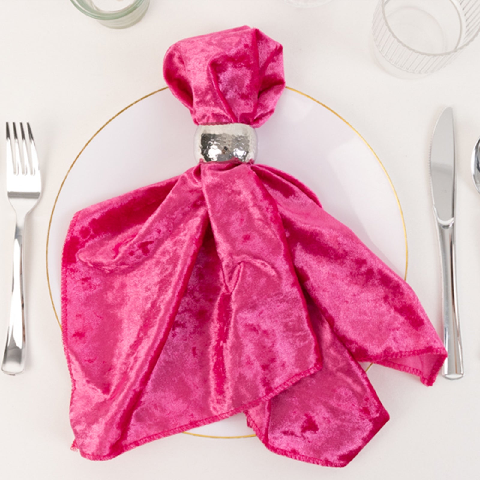 5 Pack Premium Crushed Velvet 20"x20" Napkins Fuchsia - Rich & Textured Finish Dinner Napkins