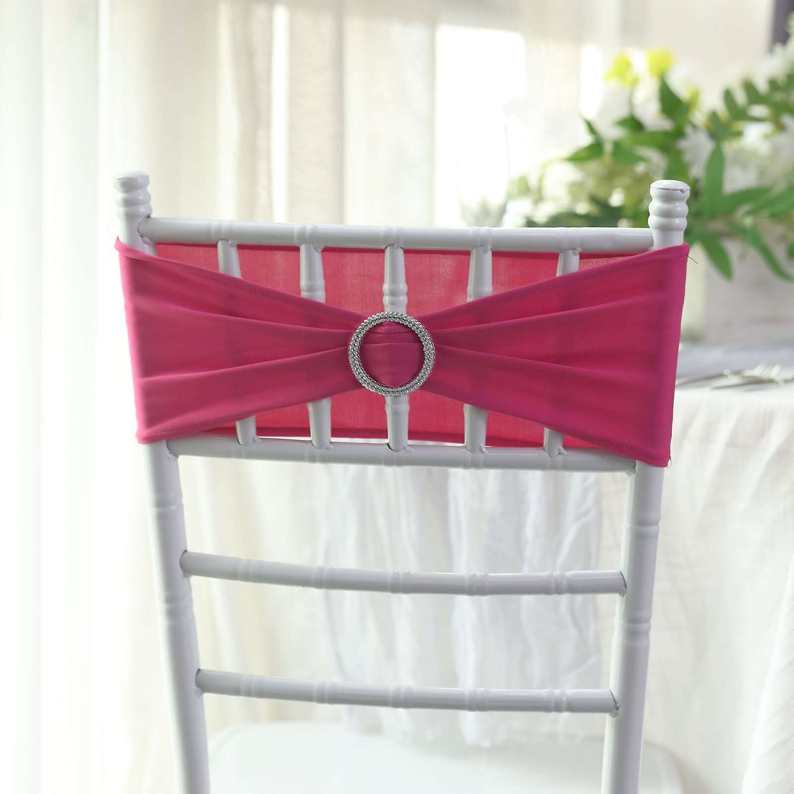 5 Pack Stretch Spandex Chair Sashes Fuchsia - Reusable Chair Bands with Silver Diamond Ring Slide Buckle 5"x14"