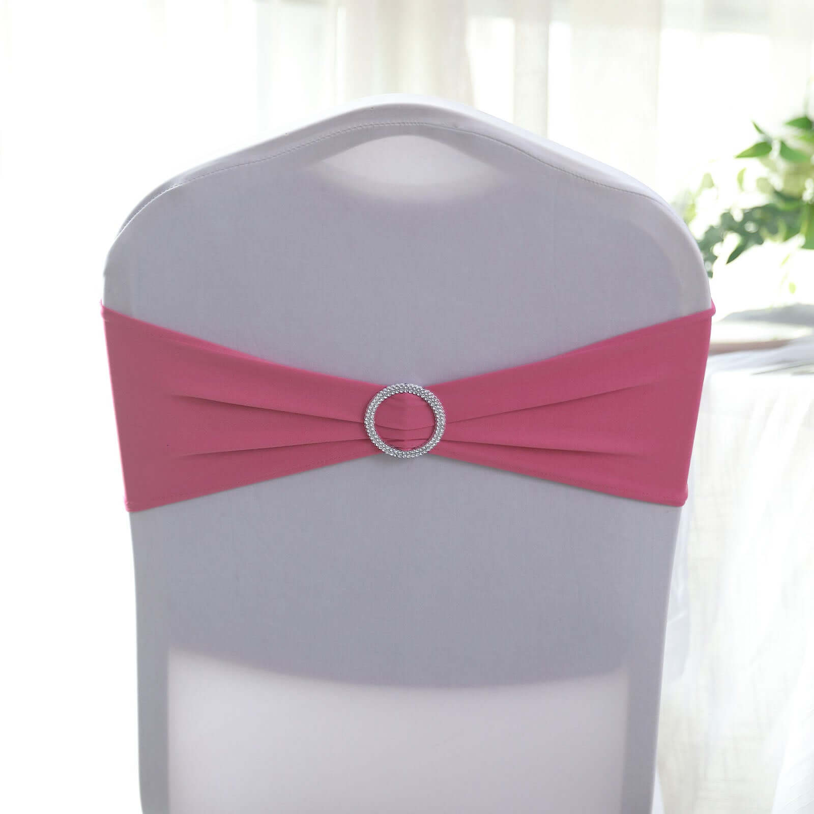 5 Pack Stretch Spandex Chair Sashes Fuchsia - Reusable Chair Bands with Silver Diamond Ring Slide Buckle 5"x14"