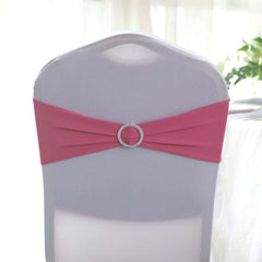 5 Pack Stretch Spandex Chair Sashes Fuchsia - Reusable Chair Bands with Silver Diamond Ring Slide Buckle 5"x14"