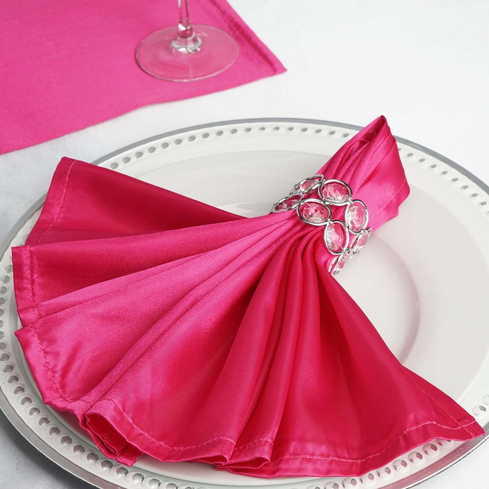 5 Pack Satin 20"x20" Napkins Fuchsia - Luxurious Shine & Smooth Dinner Napkins