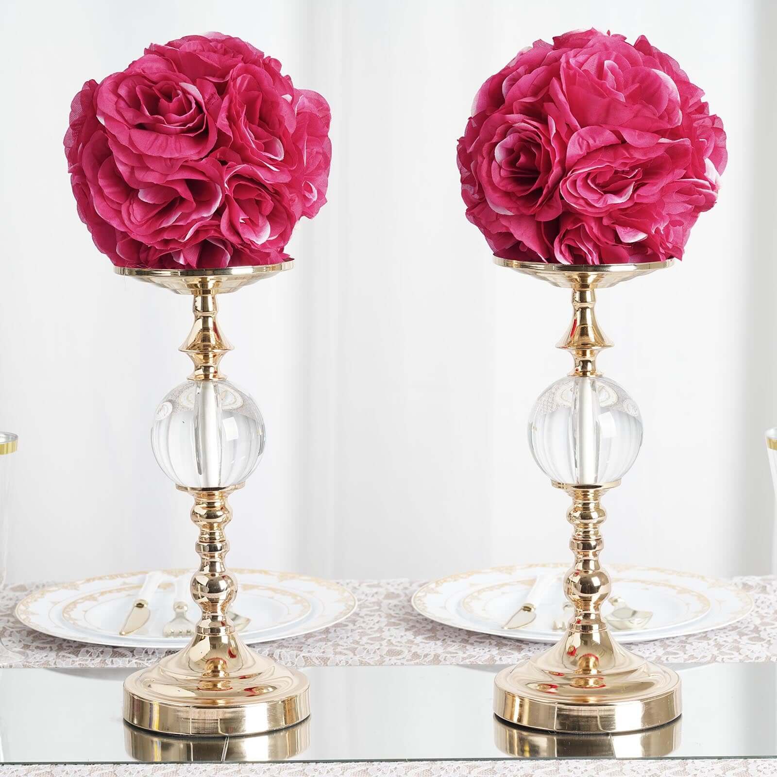 2 Pack 7" Fuchsia Artificial Silk Rose Kissing Ball, Flower Ball