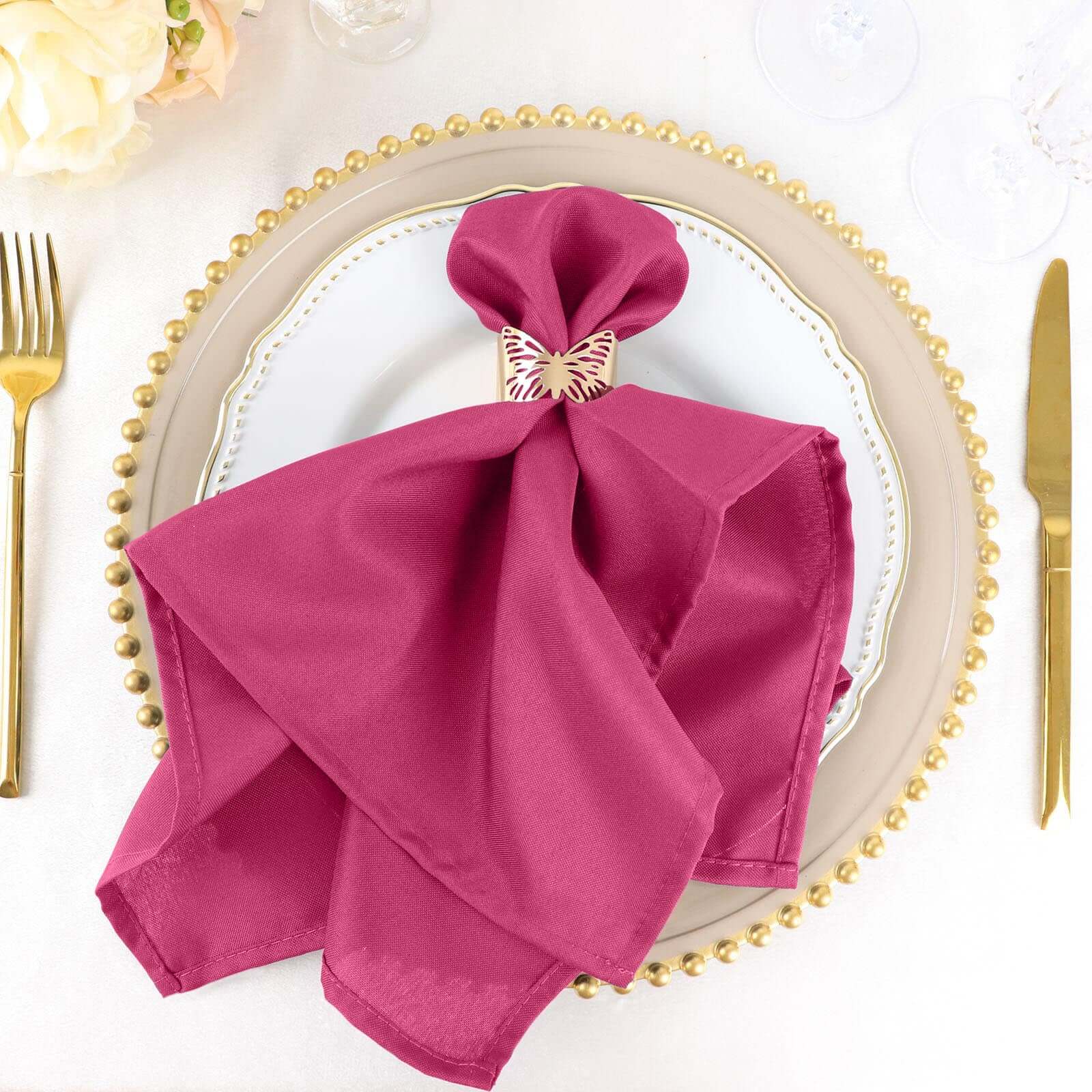 5 Pack Polyester 20"x20" Napkins Fuchsia - Wrinkle Resistant & Easy Care Cloth Napkins