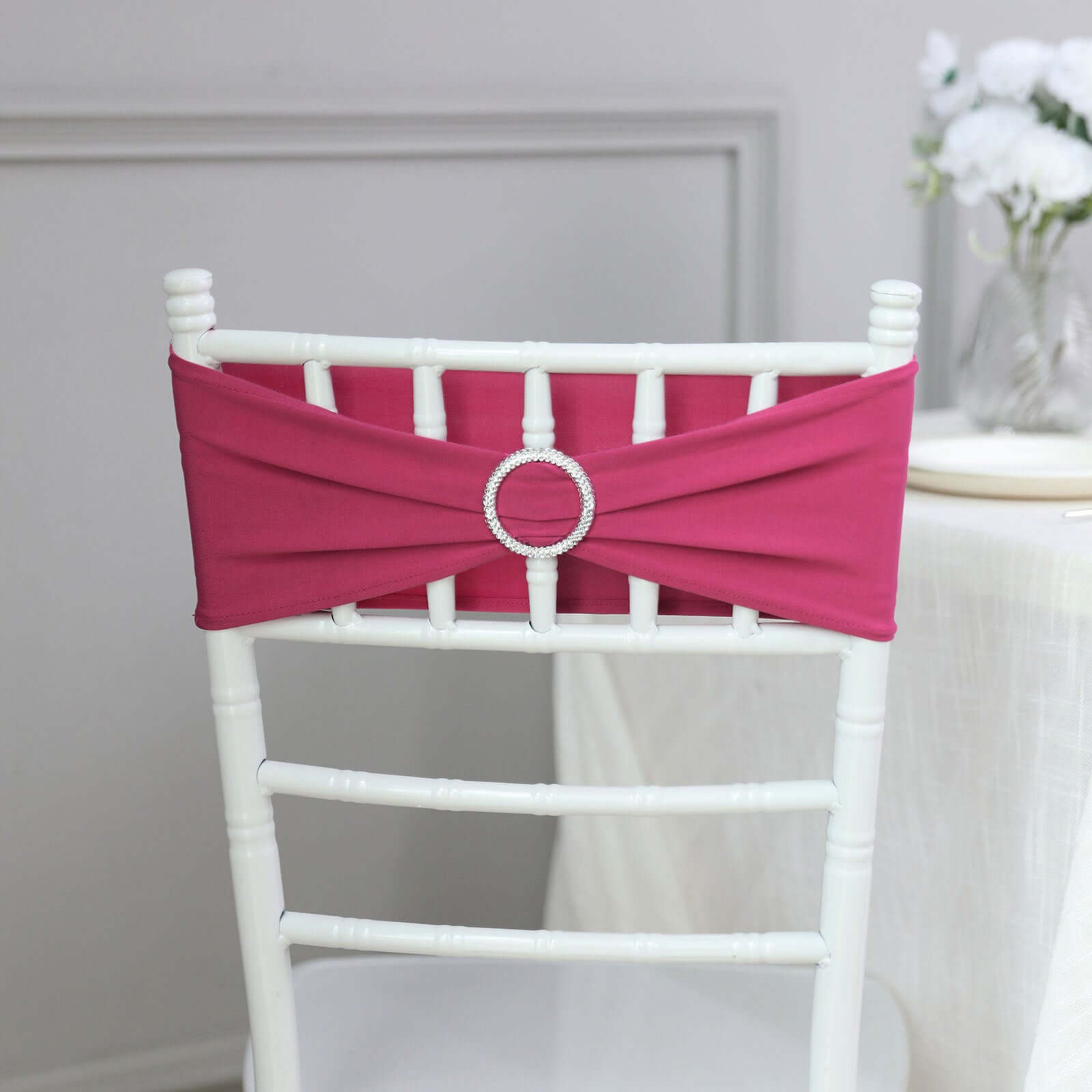 5 Pack Stretch Spandex Chair Sashes Fuchsia - Reusable Chair Bands with Silver Diamond Ring Slide Buckle 5"x14"